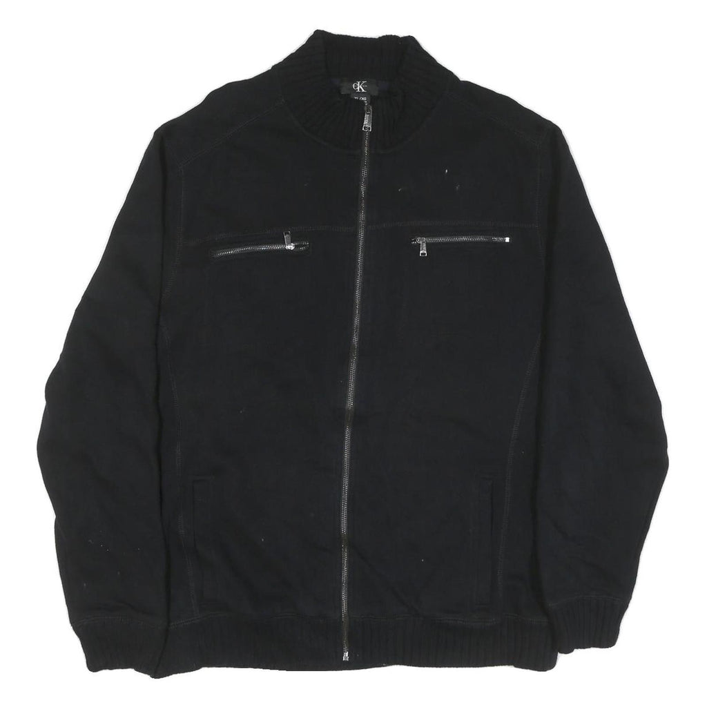 CALVIN KLEIN Mens Black Cotton Blend Zip Jacket XL Knit Collar Casual Outerwear