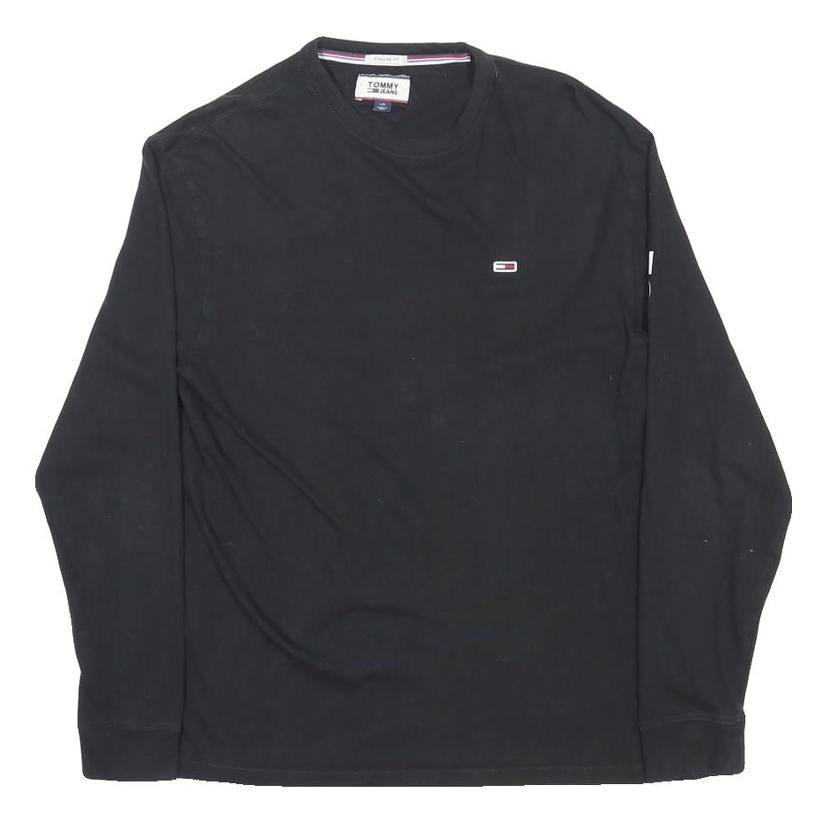TOMMY JEANS Mens Black Logo Print Long Sleeve Crew Neck T-Shirt L Cotton Blend