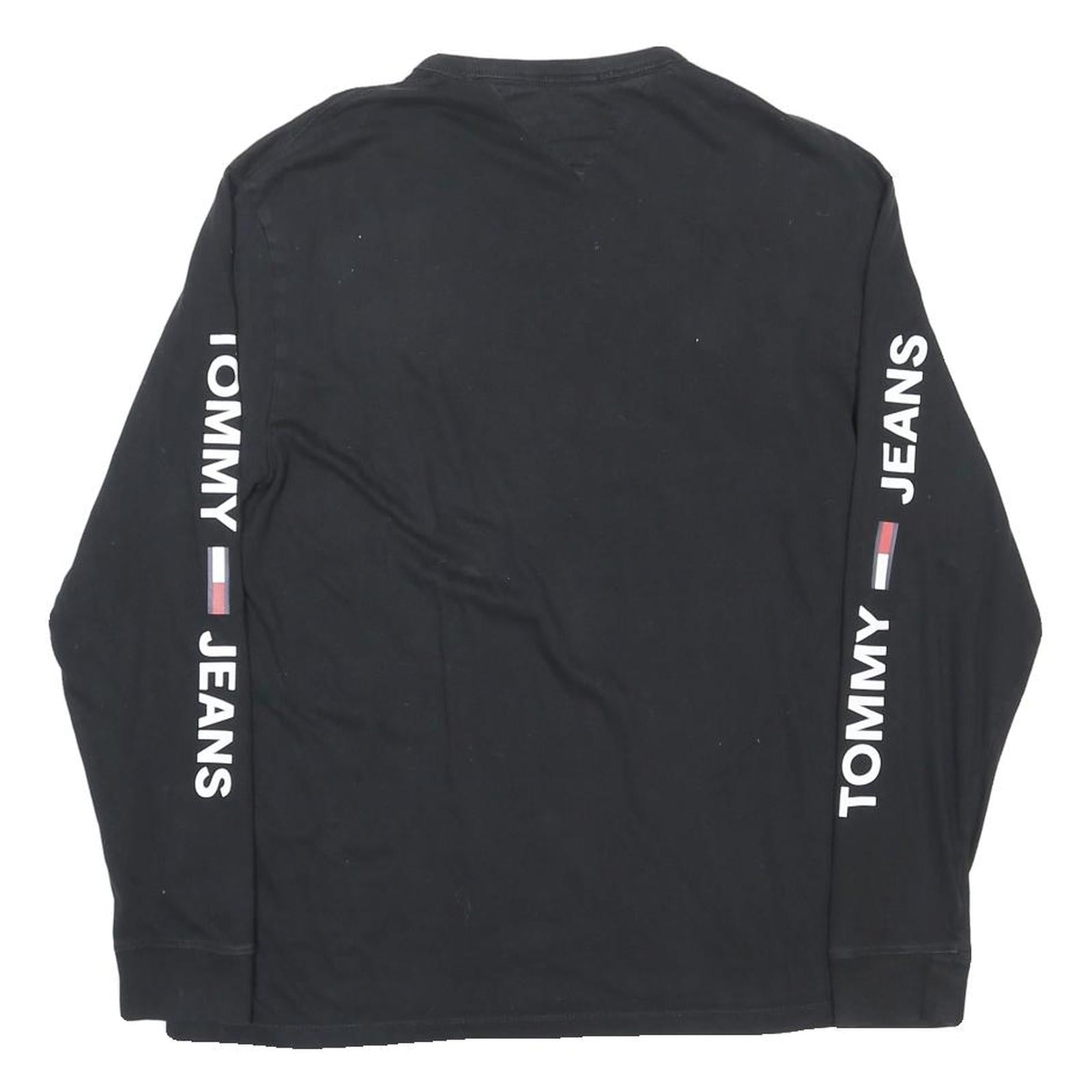 TOMMY JEANS Mens Black Logo Print Long Sleeve Crew Neck T-Shirt L Cotton Blend