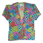 SAINT GERMAIN Womens Blue & Multicolour Printed Top Short Sleeve V-Neck XL Silk