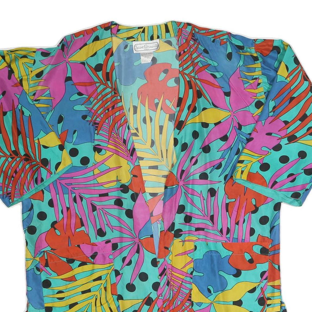 SAINT GERMAIN Womens Blue & Multicolour Printed Top Short Sleeve V-Neck XL Silk