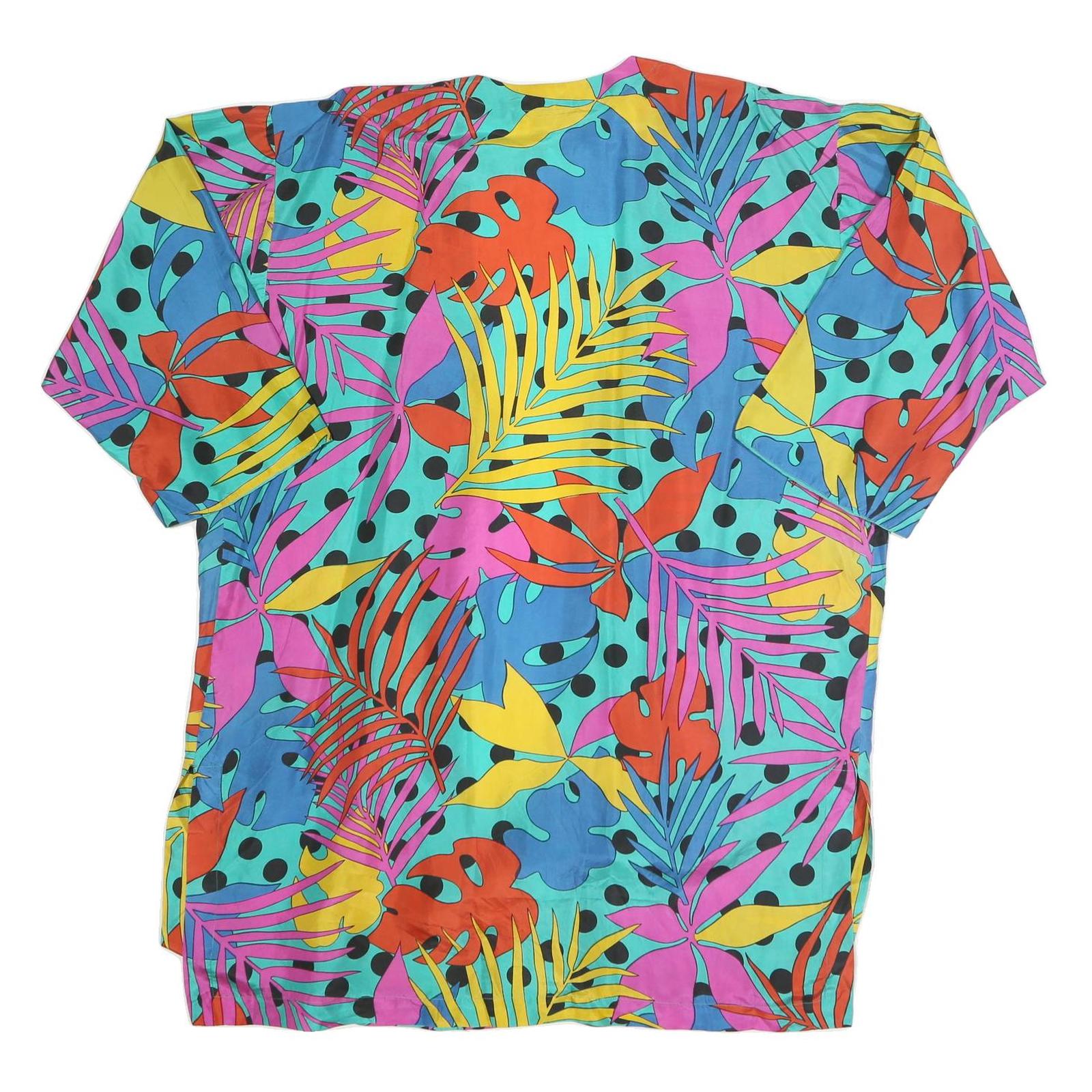 SAINT GERMAIN Womens Blue & Multicolour Printed Top Short Sleeve V-Neck XL Silk