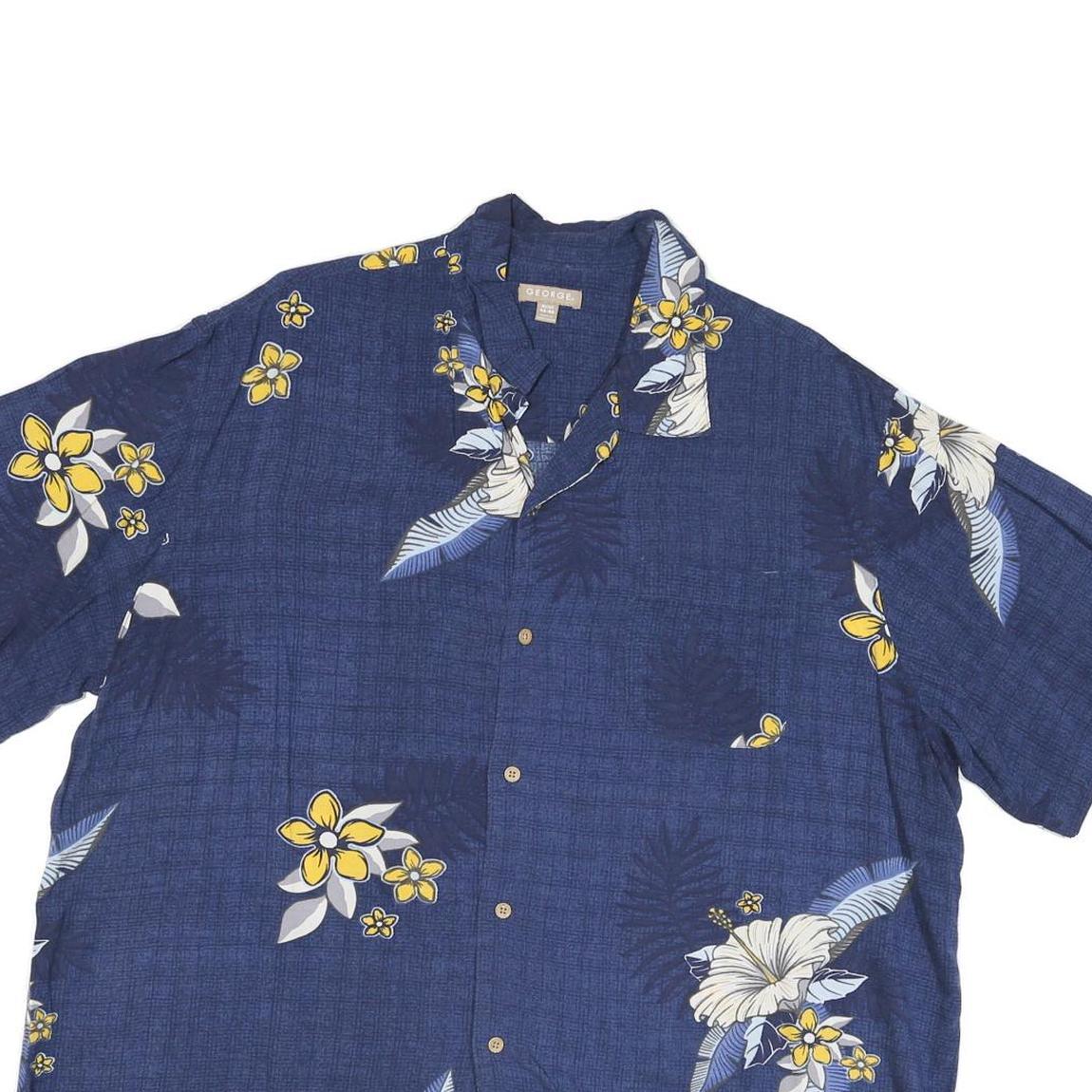 GEORGE Mens Blue & Yellow Floral Hawaiian Shirt XL Cotton Blend Casual Summer