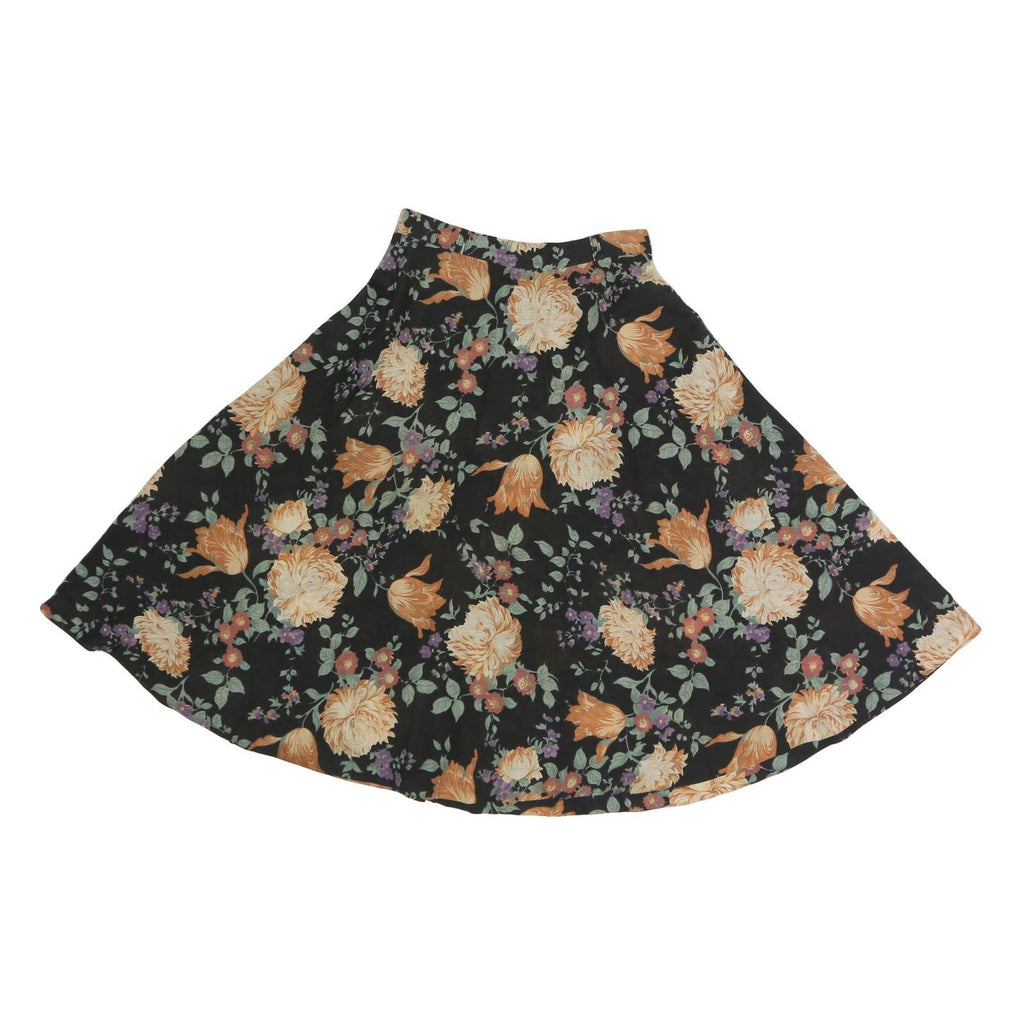 Womens Black Floral Cotton Blend Swing Midi Skirt M Flared Patterned