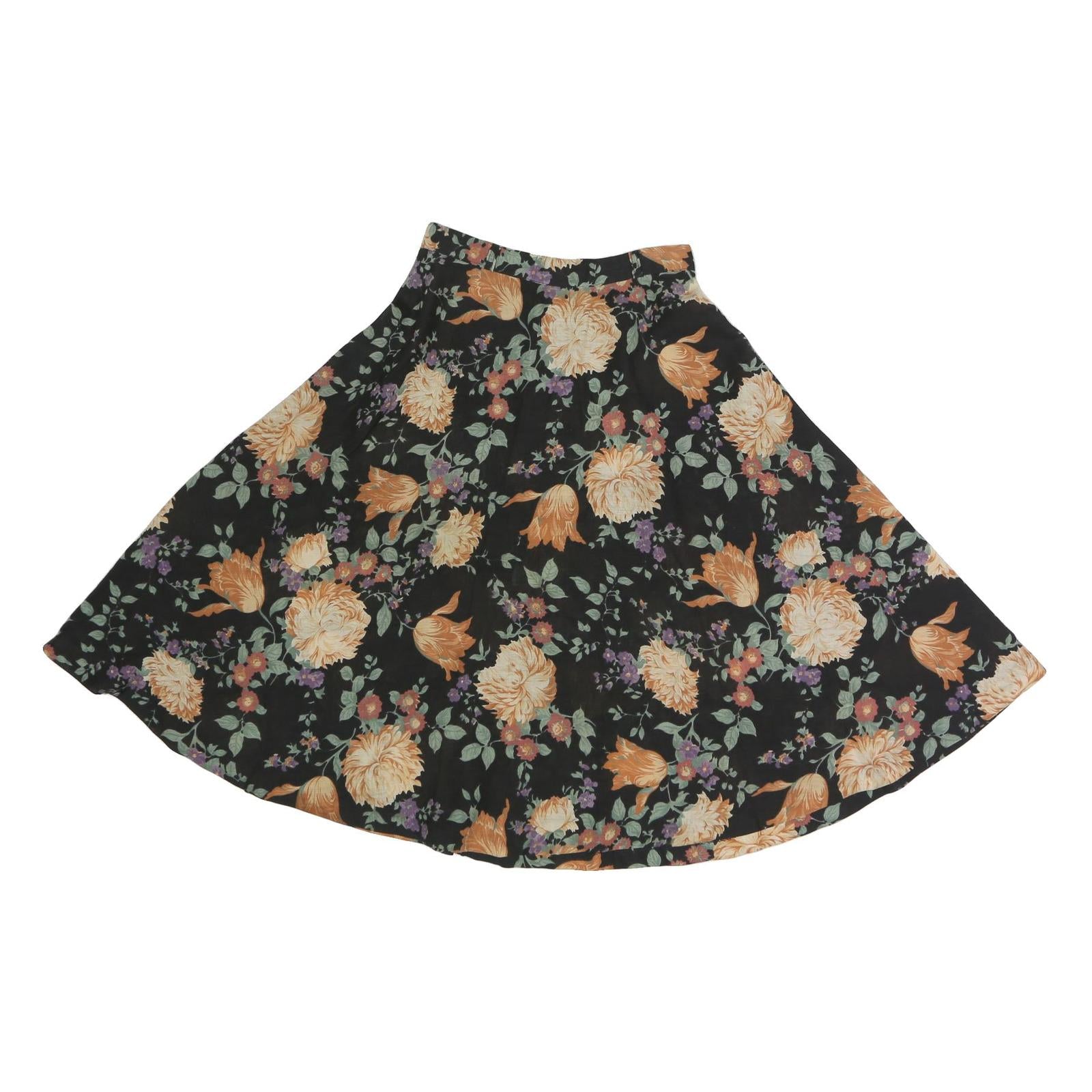 Womens Black Floral Cotton Blend Swing Midi Skirt M Flared Patterned