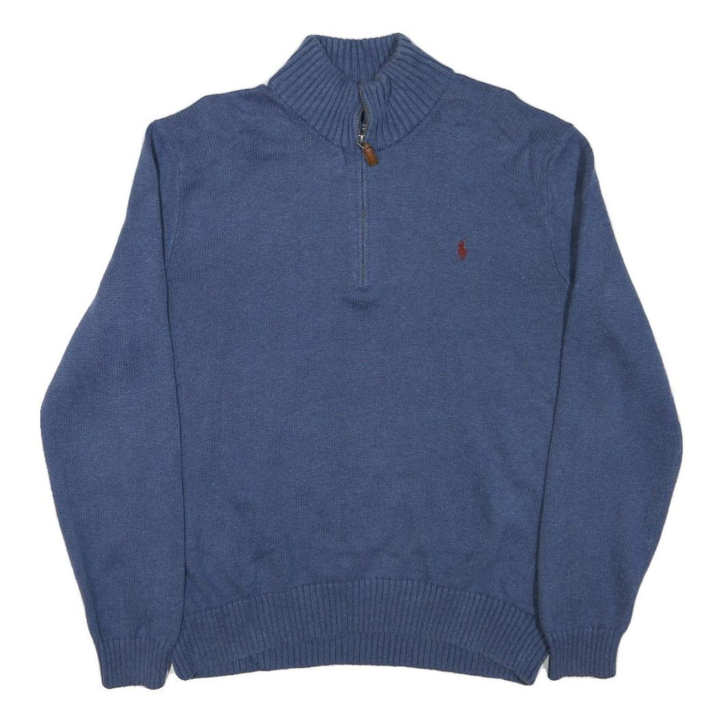 POLO RALPH LAUREN Mens Blue Rib Knit Half Zip Patterned Jumper XL Cotton Blend