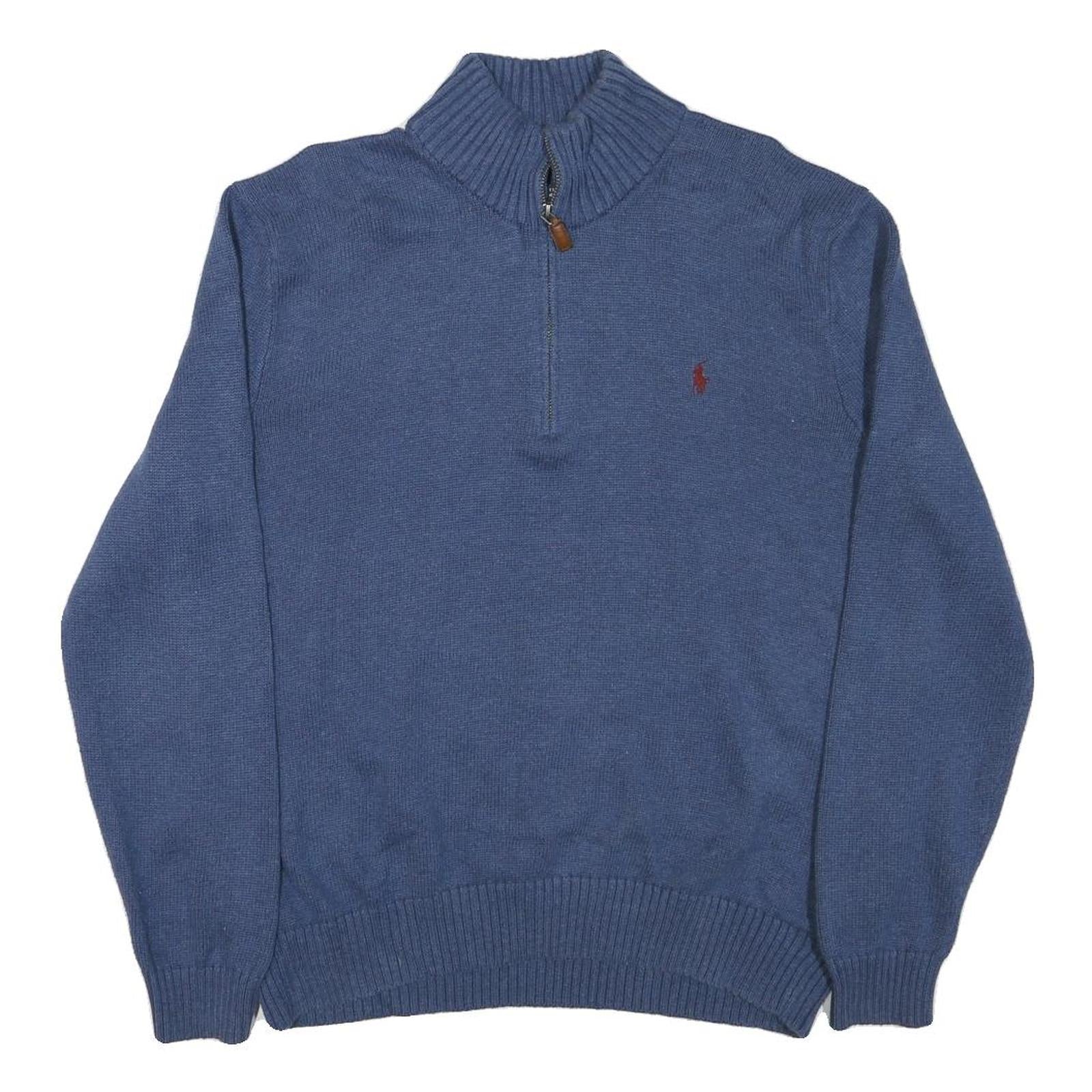 POLO RALPH LAUREN Mens Blue Rib Knit Half Zip Patterned Jumper XL Cotton Blend