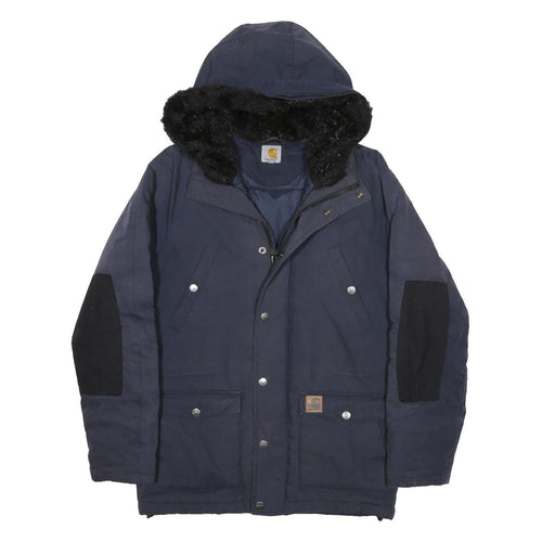 CARHARTT Mens Navy Blue Jacket S Polyester Blend Plain Hooded Workwear Zip