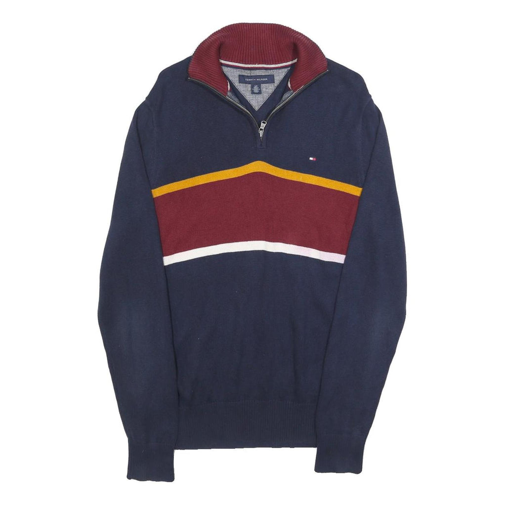 TOMMY HILFIGER Mens Navy & Maroon Colourblock Patterned Cotton Jumper 1/4 Zip S