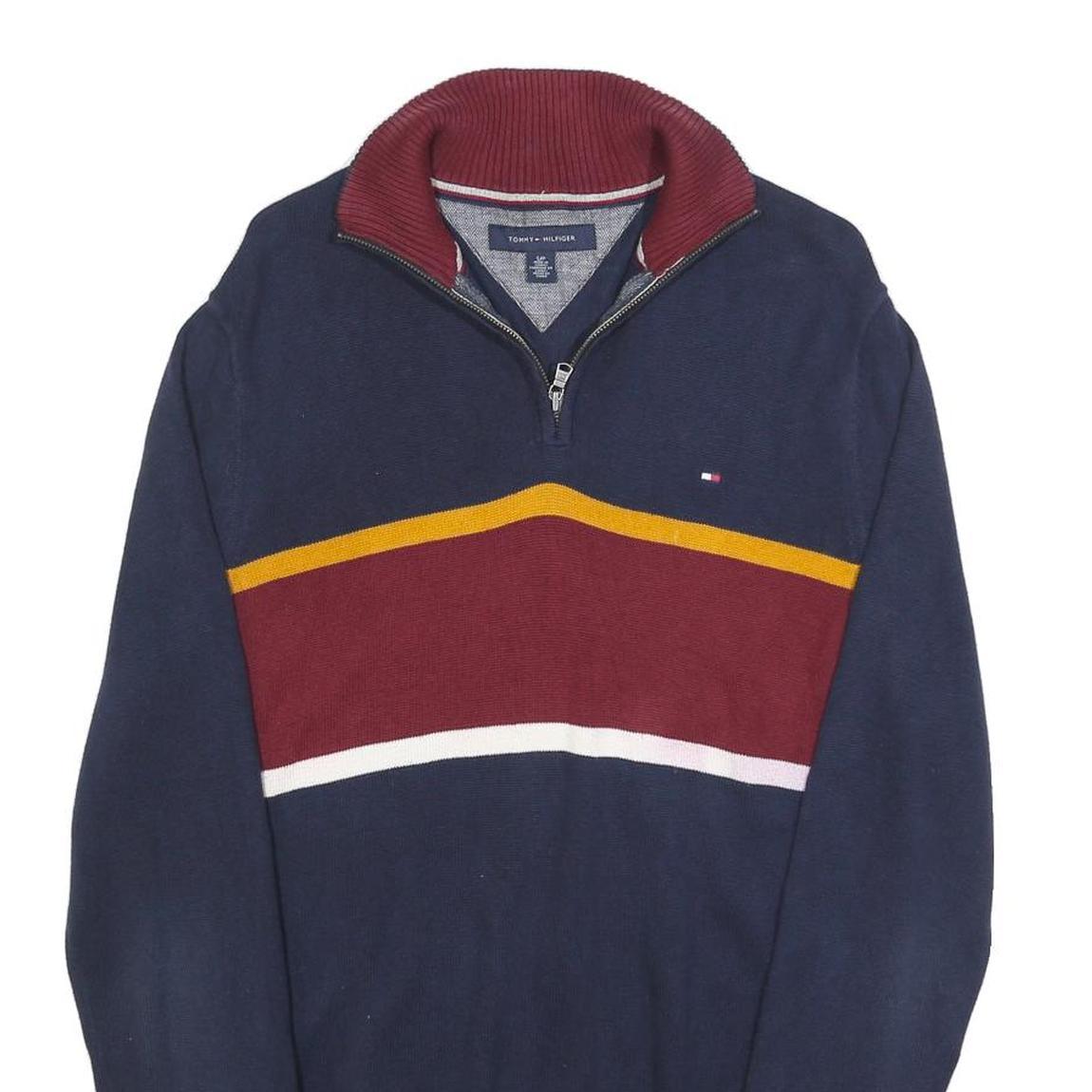 TOMMY HILFIGER Mens Navy & Maroon Colourblock Patterned Cotton Jumper 1/4 Zip S