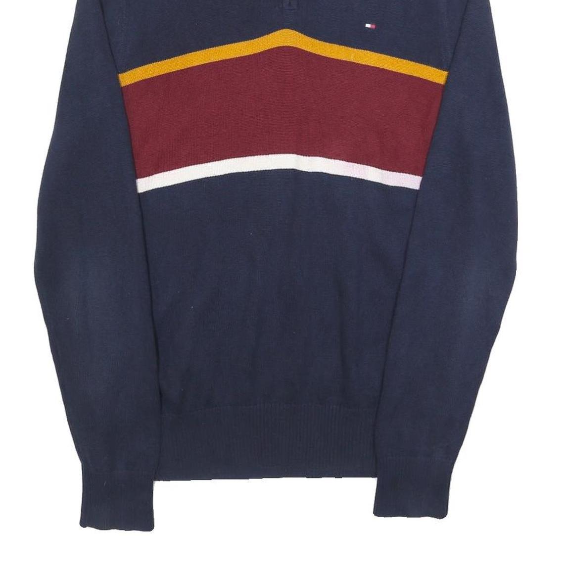 TOMMY HILFIGER Mens Navy & Maroon Colourblock Patterned Cotton Jumper 1/4 Zip S