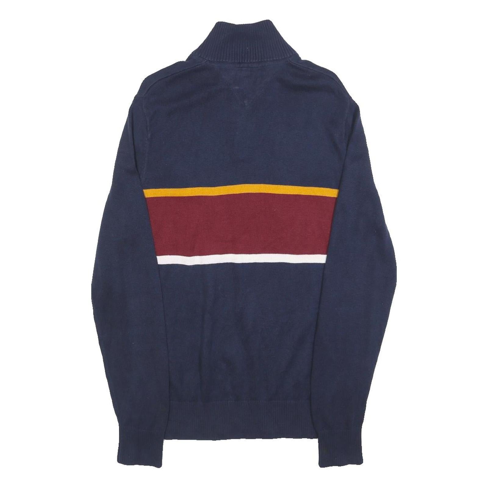 TOMMY HILFIGER Mens Navy & Maroon Colourblock Patterned Cotton Jumper 1/4 Zip S