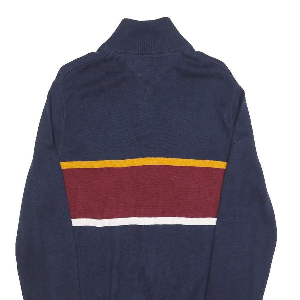 TOMMY HILFIGER Mens Navy & Maroon Colourblock Patterned Cotton Jumper 1/4 Zip S
