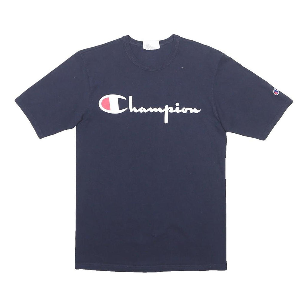 CHAMPION Mens Navy Blue Script Logo T-Shirt S Short Sleeve Crew Neck Cotton