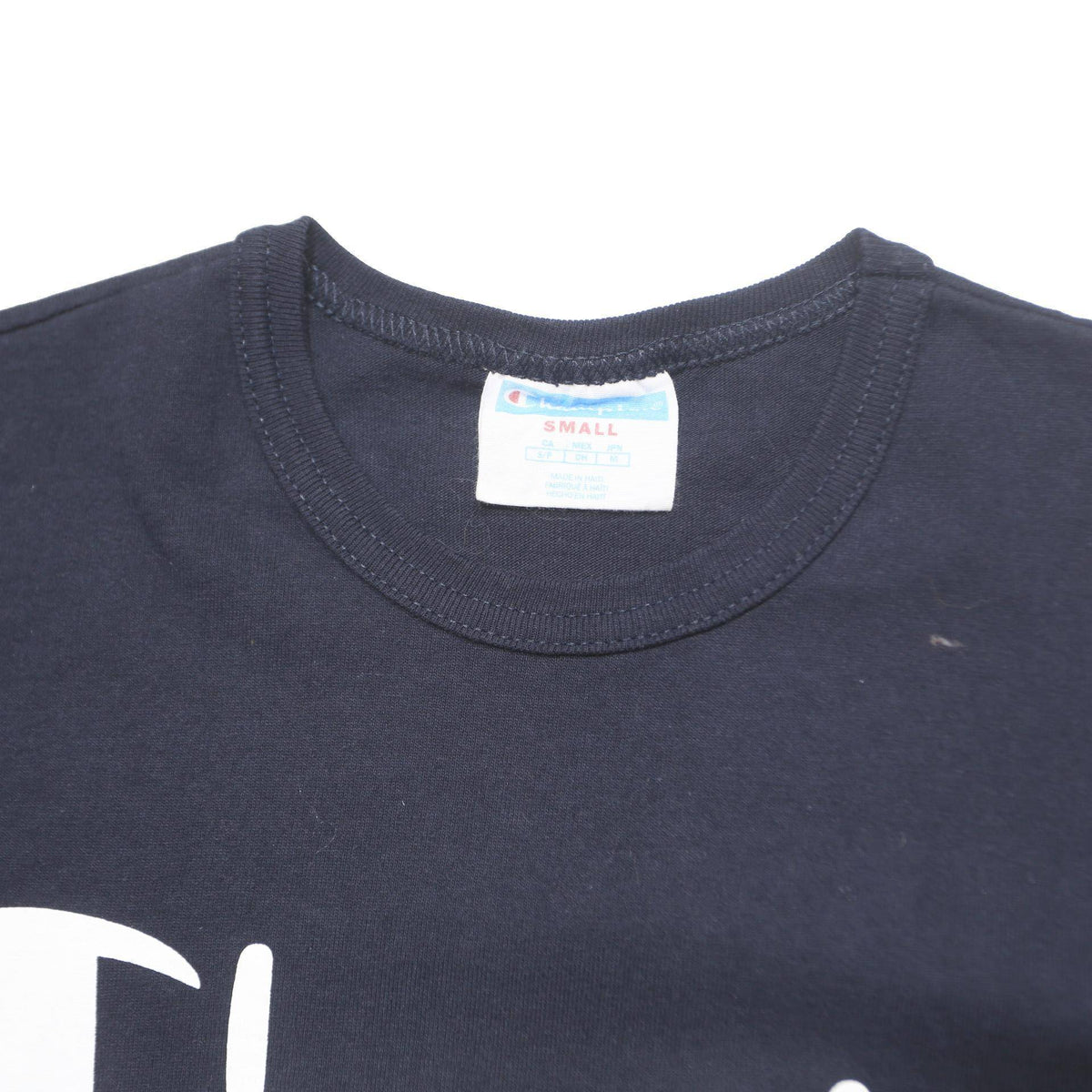CHAMPION Mens Navy Blue Script Logo T-Shirt S Short Sleeve Crew Neck Cotton