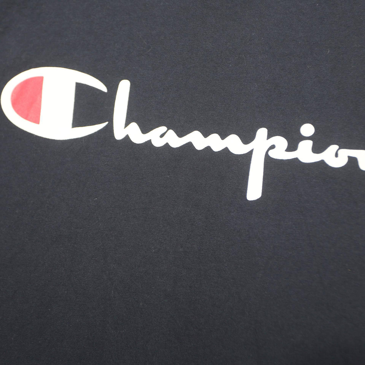 CHAMPION Mens Navy Blue Script Logo T-Shirt S Short Sleeve Crew Neck Cotton