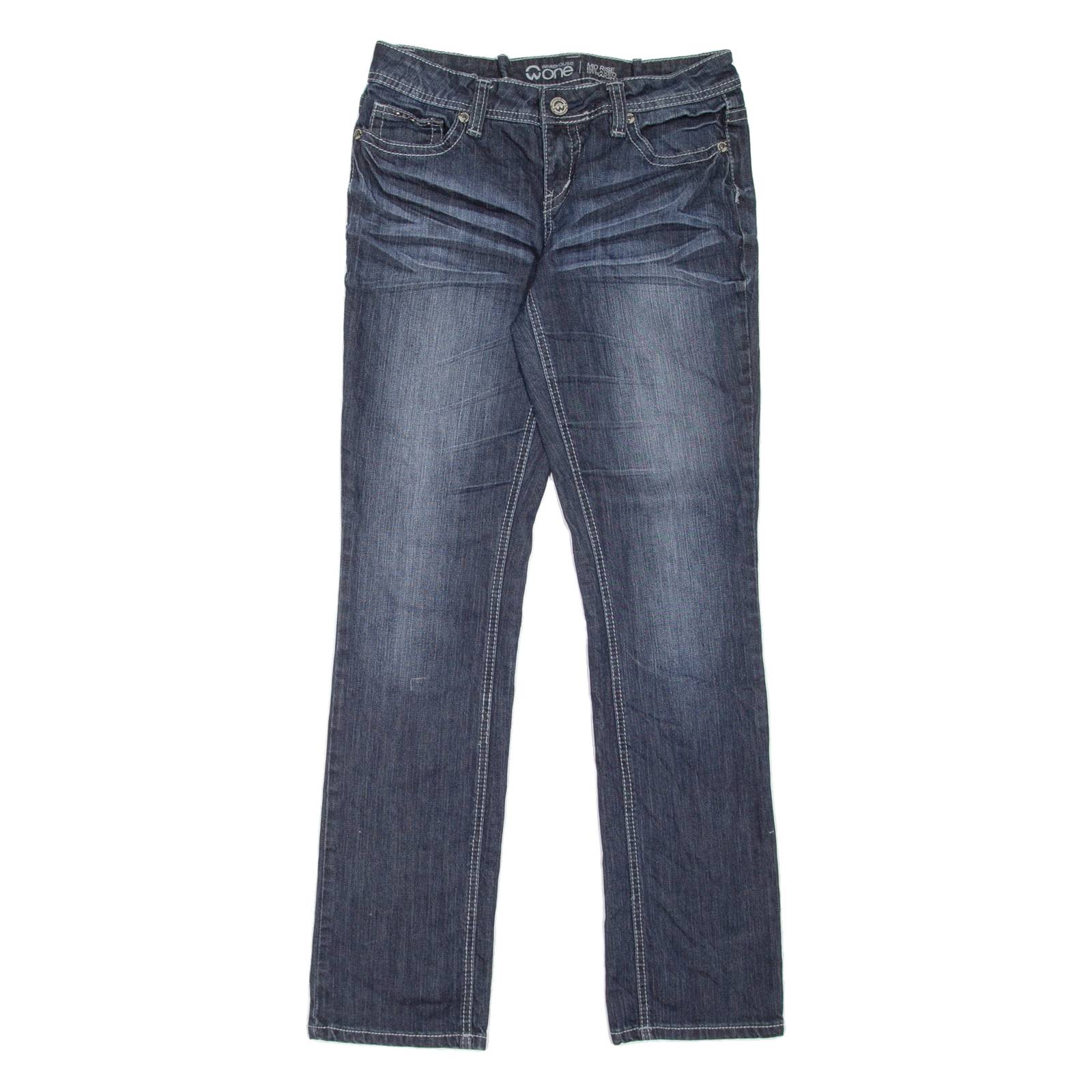 WAREHOUSE ONE Mid Rise Womens Jeans Blue Relaxed Straight Stone Wash W29 L32