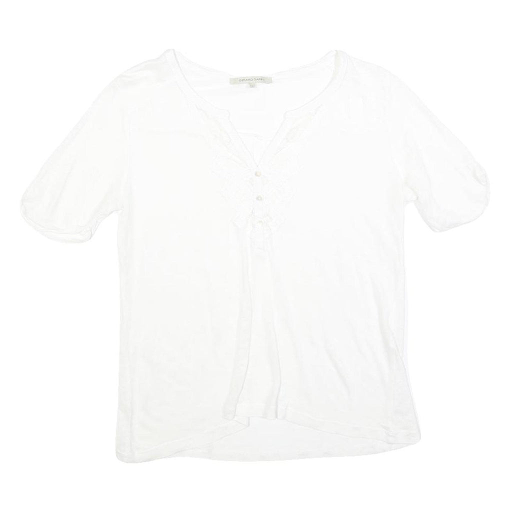 GERARD DAREL Womens White Blouse Short Sleeve Round Neck S Lace Detail Buttons