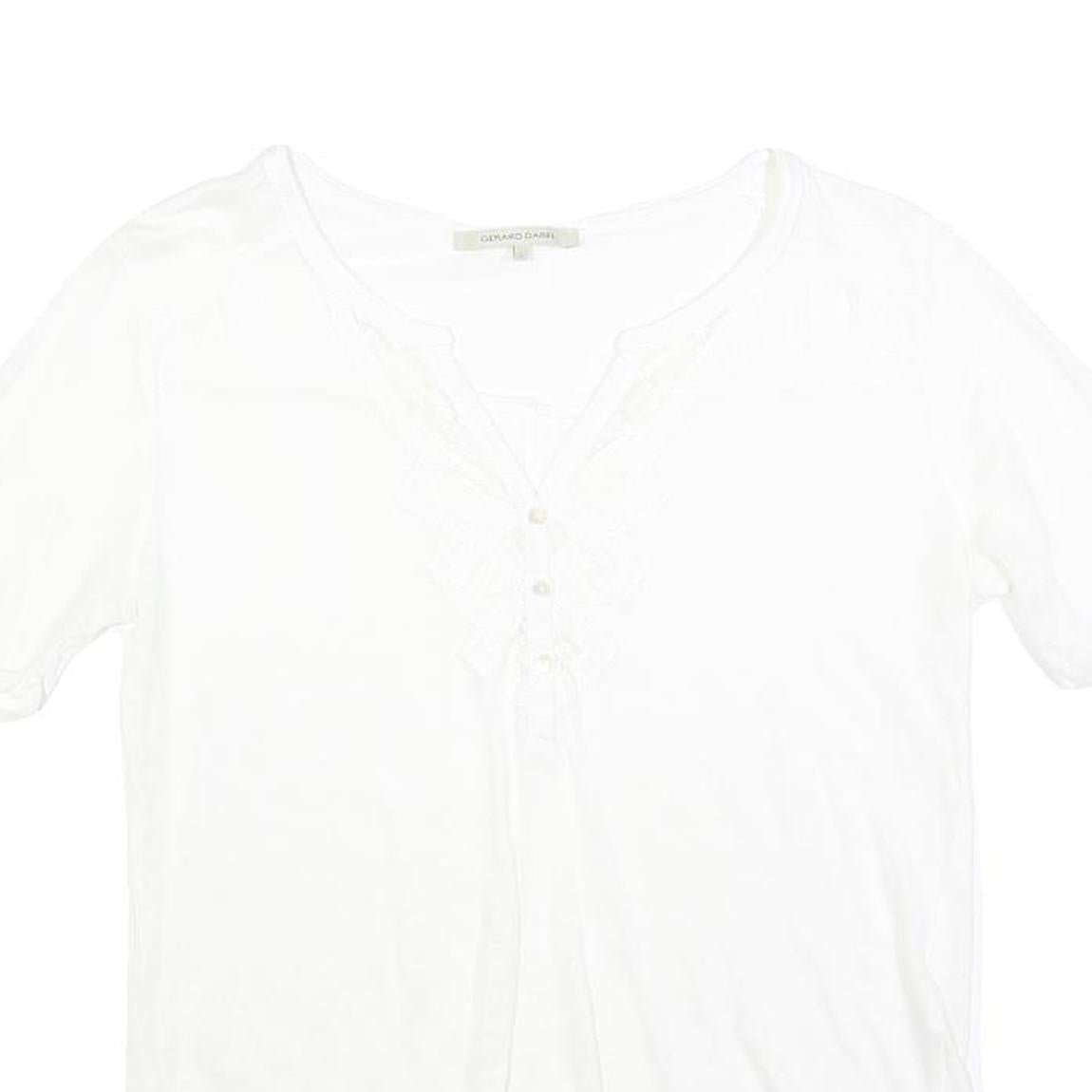 GERARD DAREL Womens White Blouse Short Sleeve Round Neck S Lace Detail Buttons