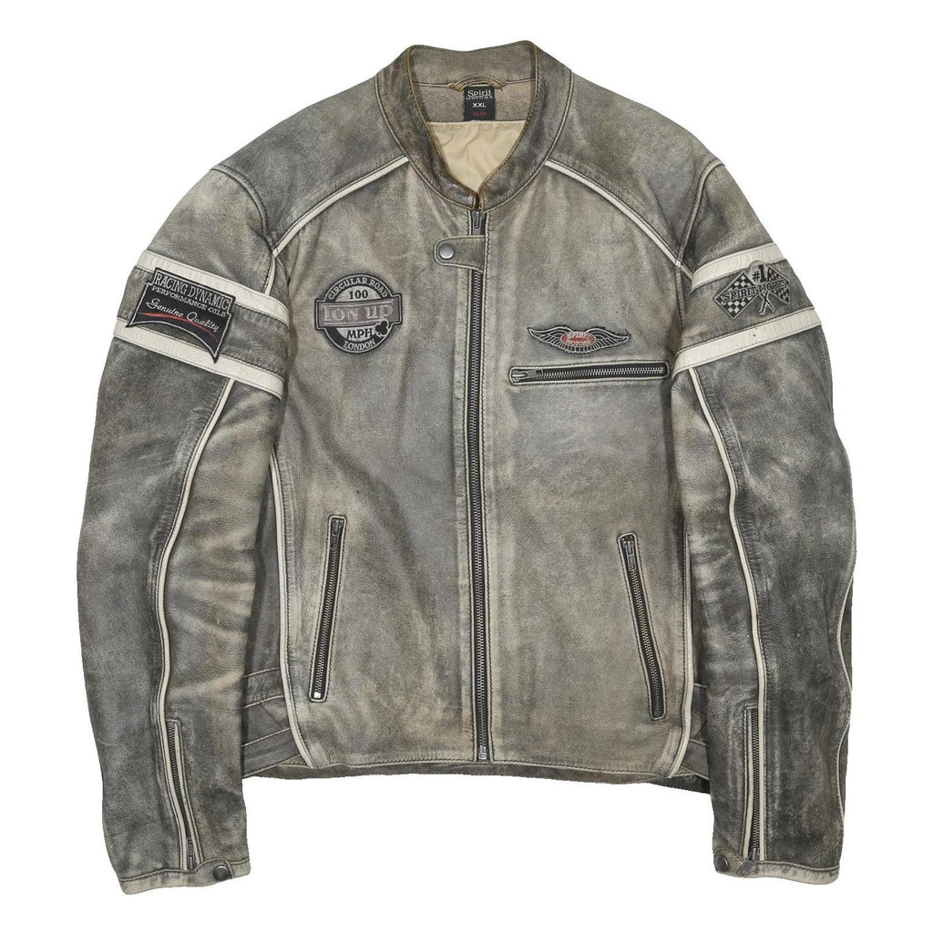 SPIRIT MOTORS Mens Grey & Cream Leather Racing Jacket 2XL Zip Biker Style