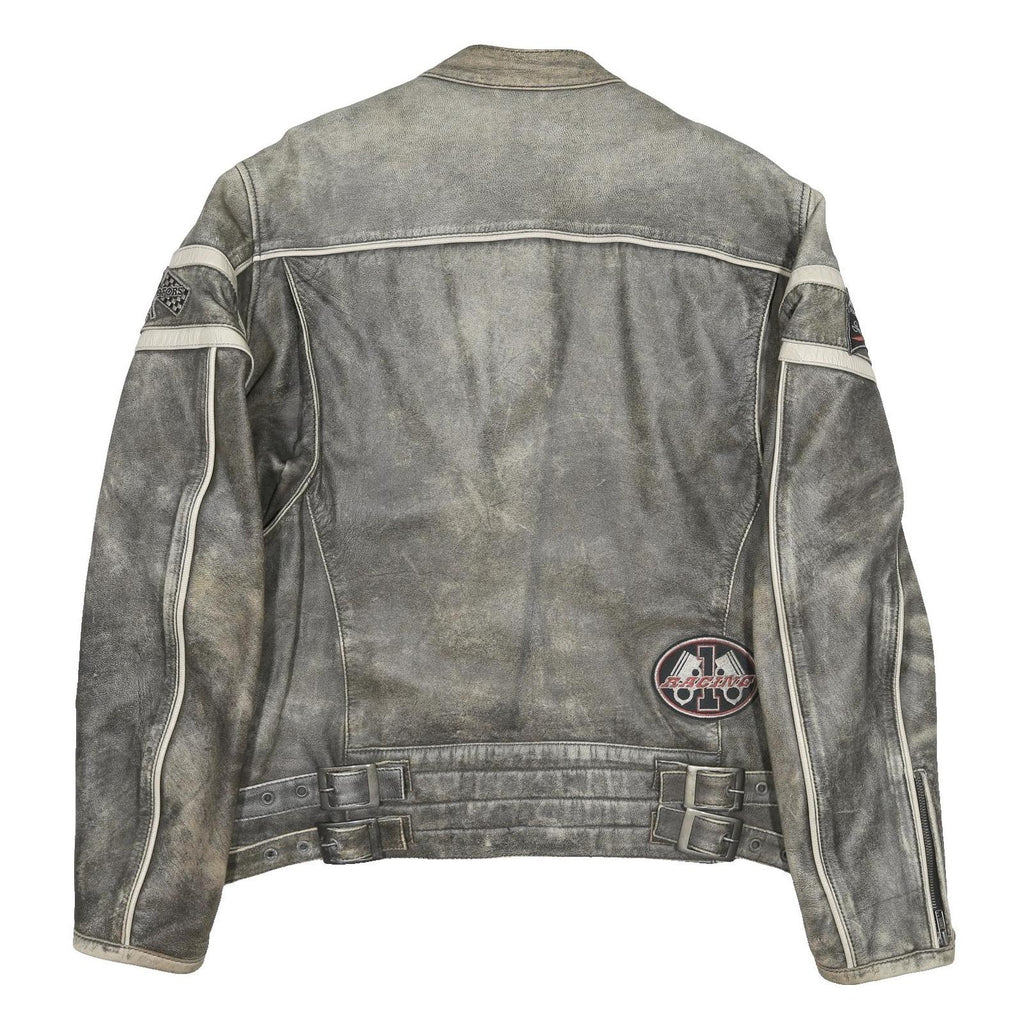 SPIRIT MOTORS Mens Grey & Cream Leather Racing Jacket 2XL Zip Biker Style