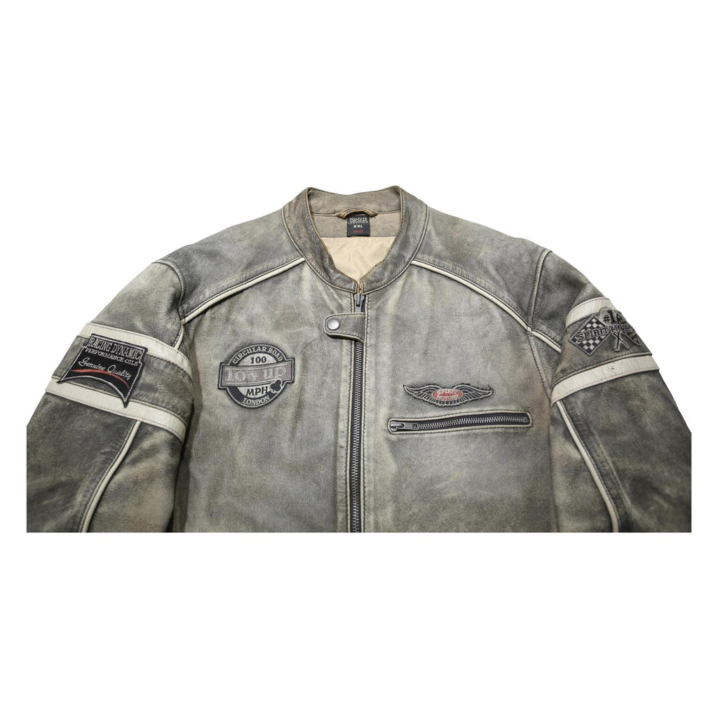 SPIRIT MOTORS Mens Grey & Cream Leather Racing Jacket 2XL Zip Biker Style