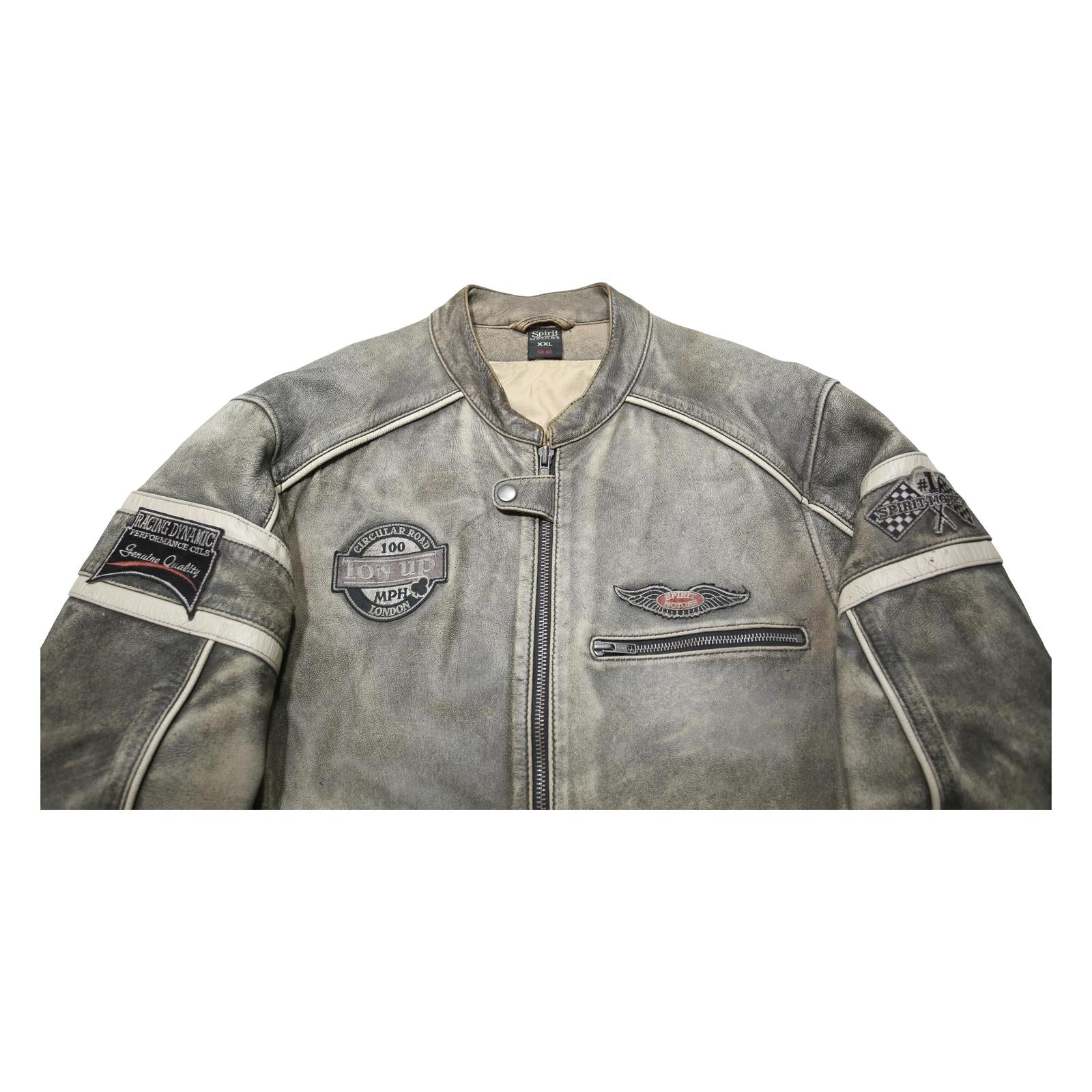 SPIRIT MOTORS Mens Grey & Cream Leather Racing Jacket 2XL Zip Biker Style