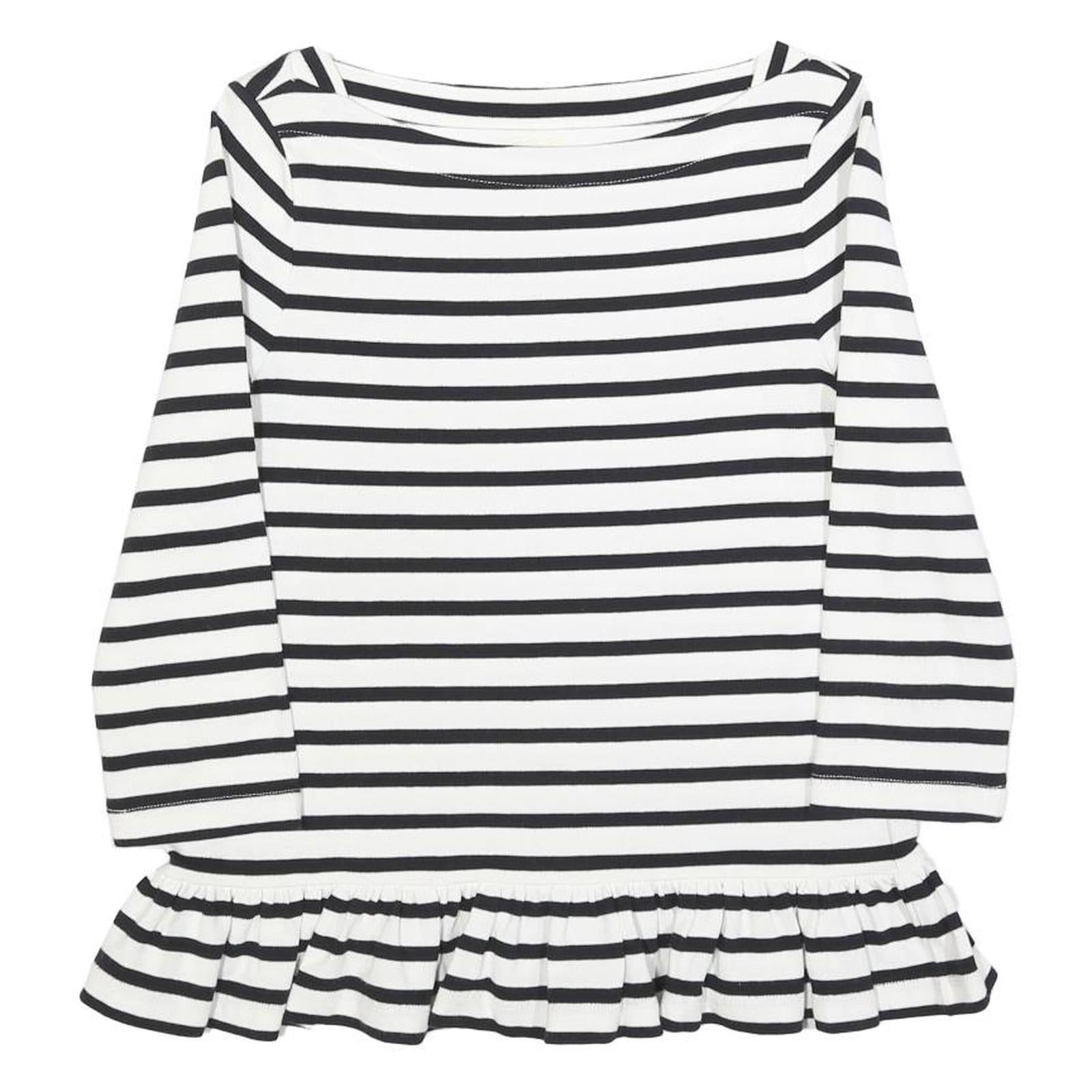 BROOME STREET Womens Black & White Striped Ruffle Hem Top 3/4 Sleeve Boat Neck