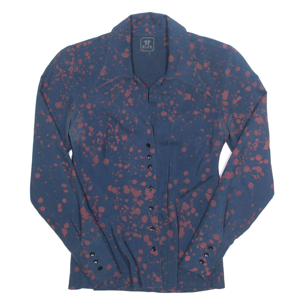 ELFE Womens Shirt Blue Silk Crazy Pattern Long Sleeve S