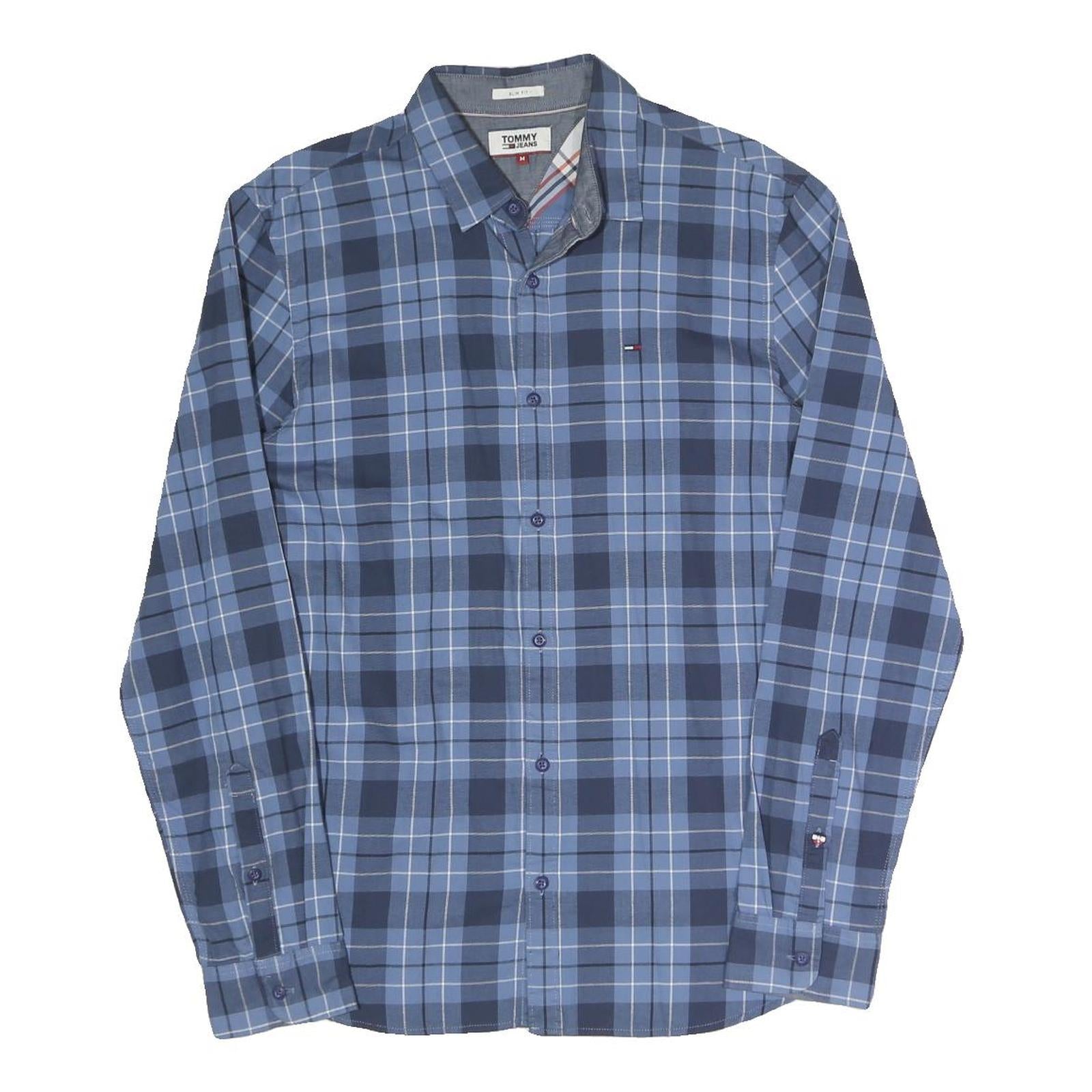 TOMMY JEANS Mens Blue Check Shirt M Cotton Blend Button Collar Long Sleeve