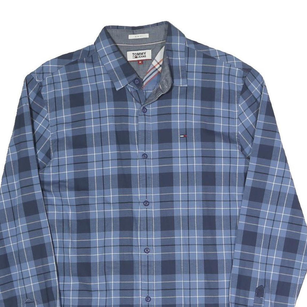 TOMMY JEANS Mens Blue Check Shirt M Cotton Blend Button Collar Long Sleeve