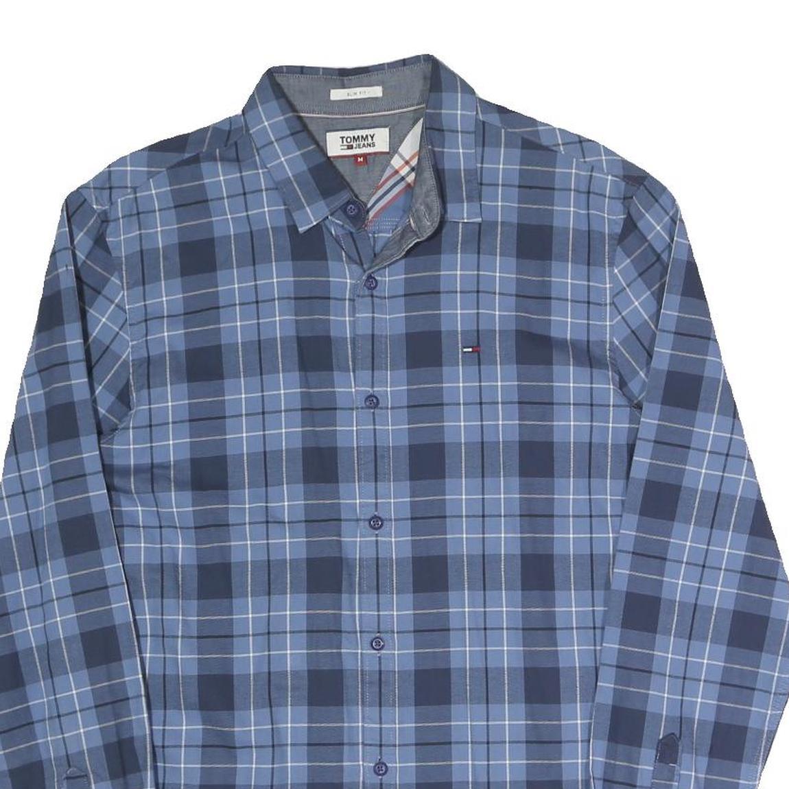 TOMMY JEANS Mens Blue Check Shirt M Cotton Blend Button Collar Long Sleeve