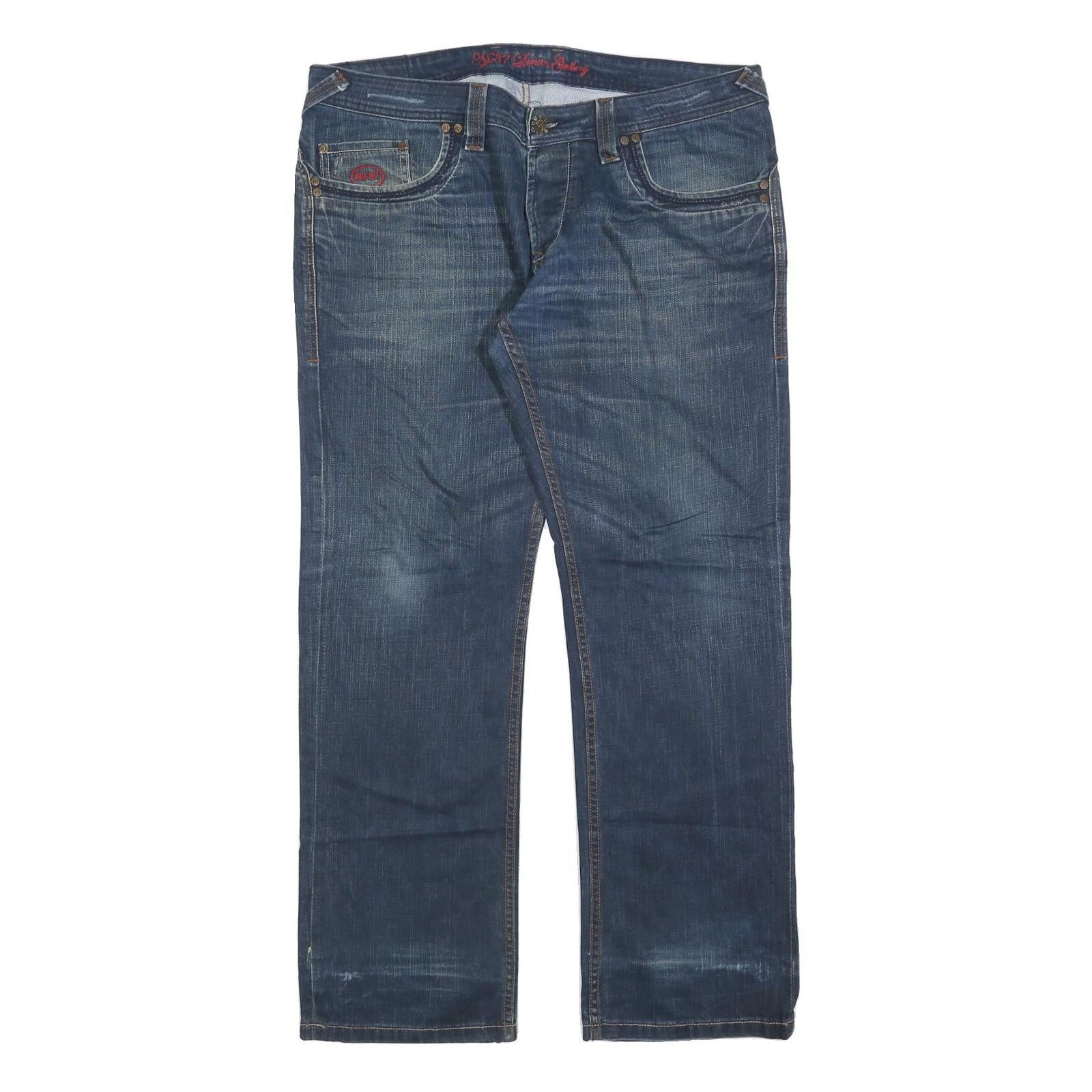 NJ 87 Mens Blue Regular Fit Straight Leg Denim Button W38 L32 Casual Jeans