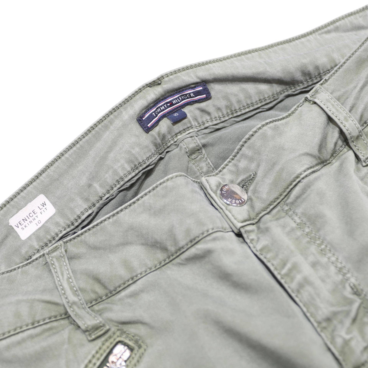 TOMMY HILFIGER Womens Cotton Blend Slim Olive Green Trousers W30 L32 Zipper