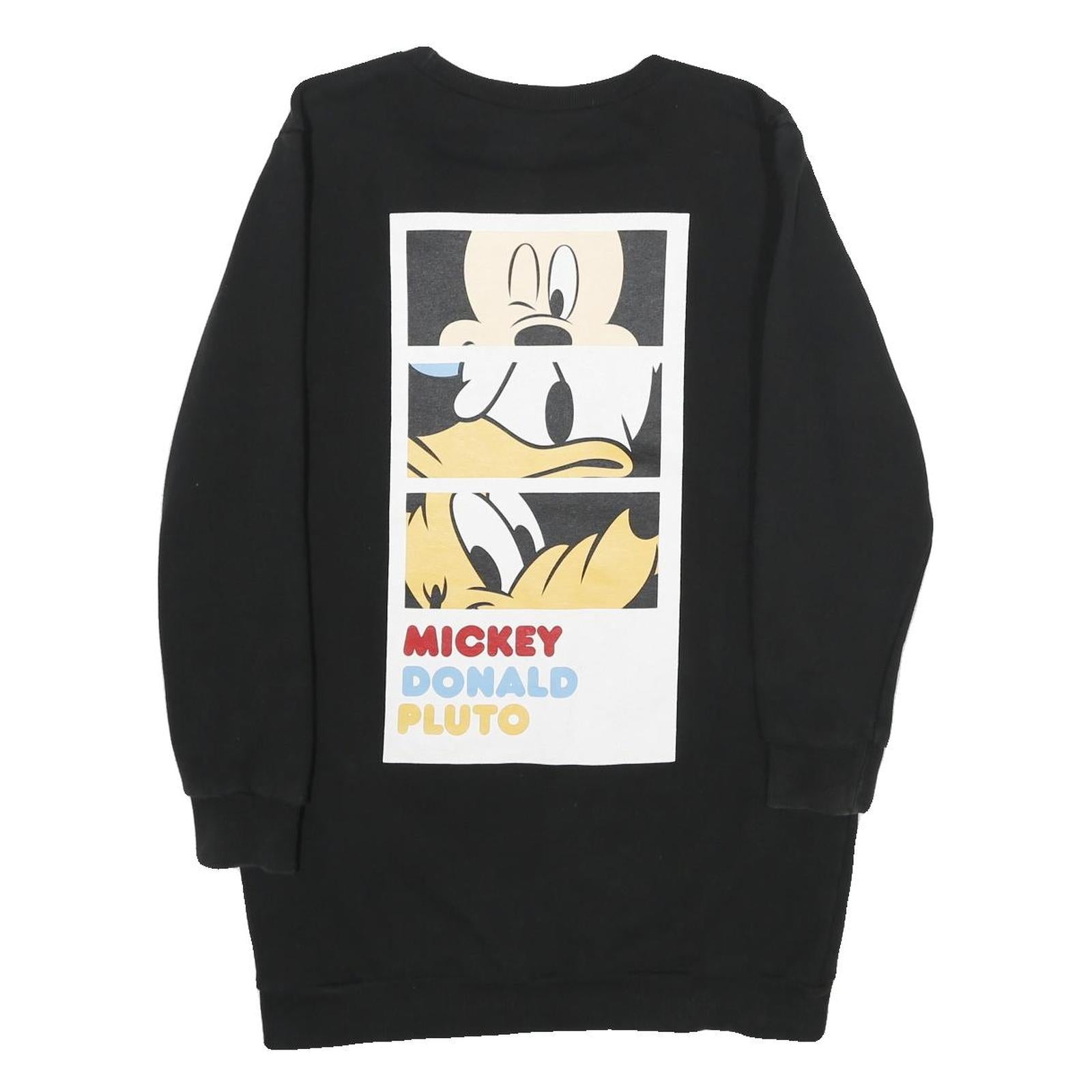 DISNEY Womens Black Mickey Donald Pluto Crew Neck L Cartoon Characters