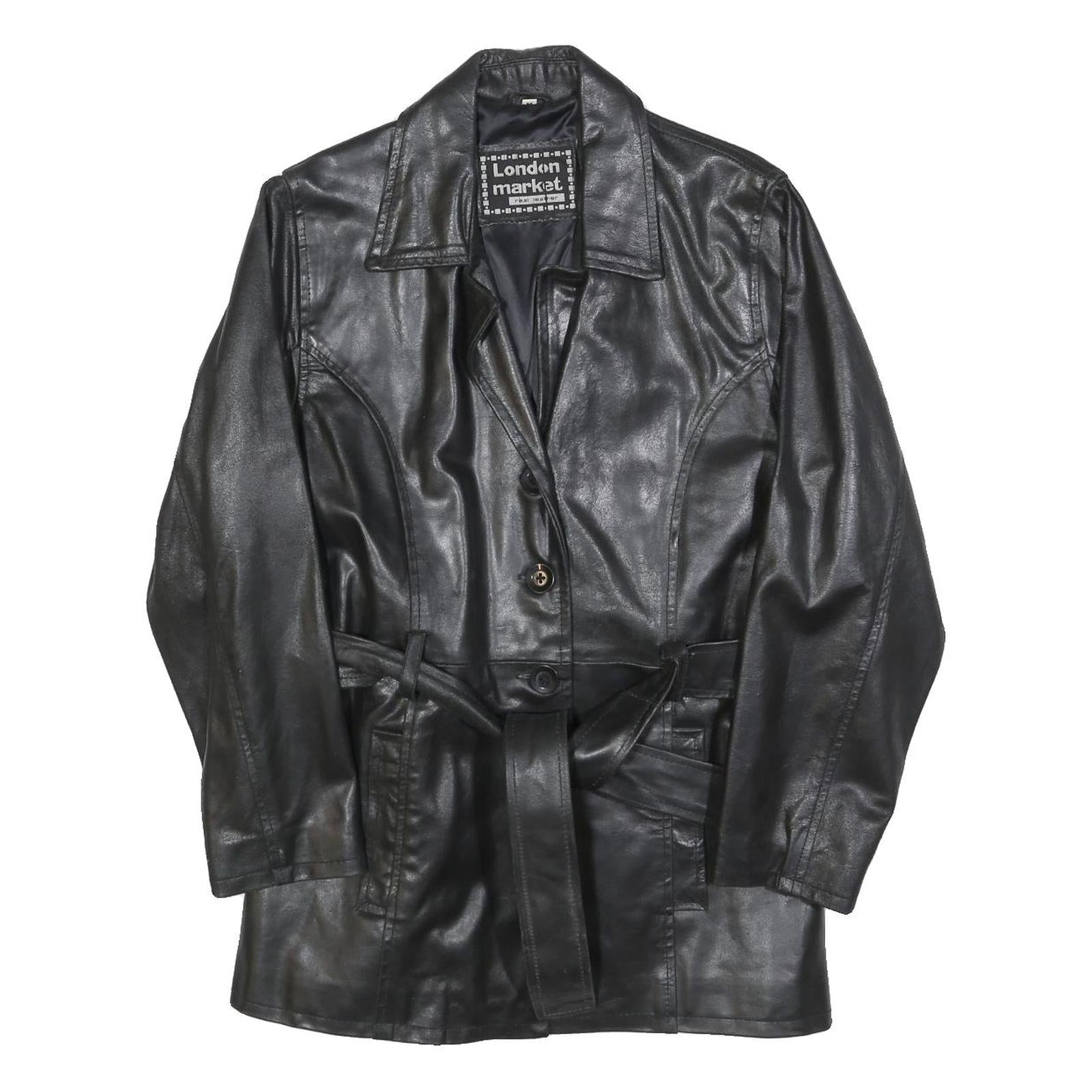 LONDON MARKET Womens Black Leather Jacket M Button Classic Timeless Outerwear