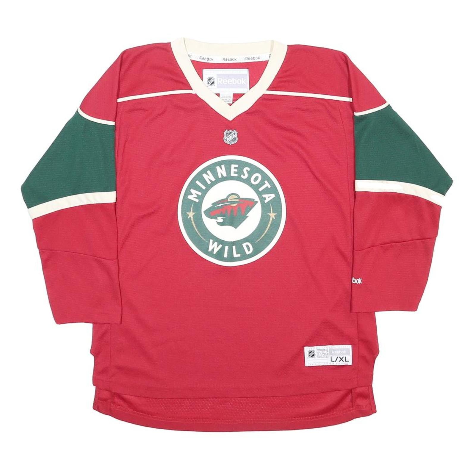 REEBOK Boys Red & Green Minnesota Wild Hockey Jersey L Long Sleeve V-Neck