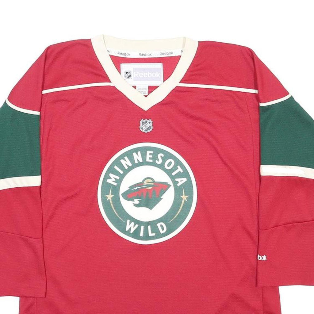 REEBOK Boys Red & Green Minnesota Wild Hockey Jersey L Long Sleeve V-Neck