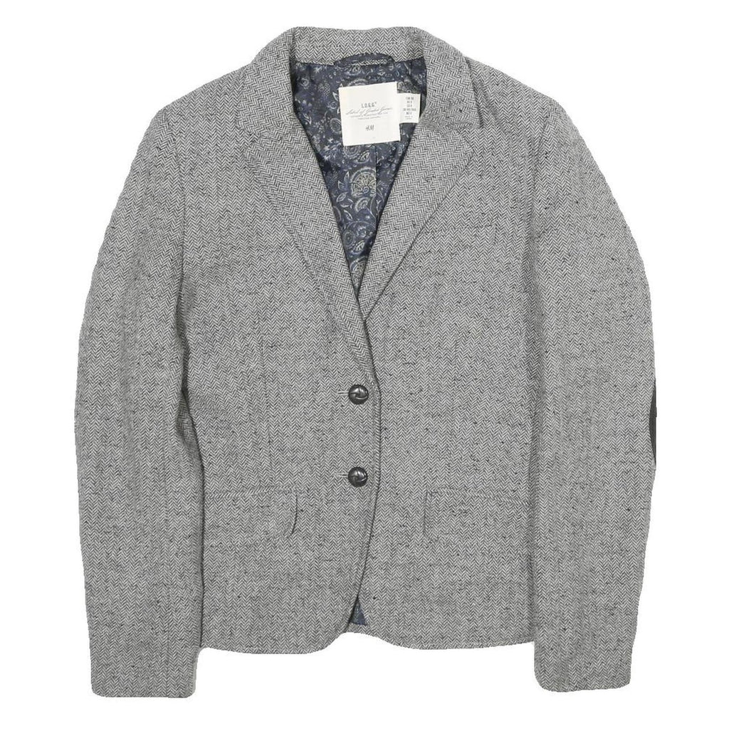 H&M Womens Grey Wool Blend Blazer Jacket UK 10 Button Herringbone Pattern
