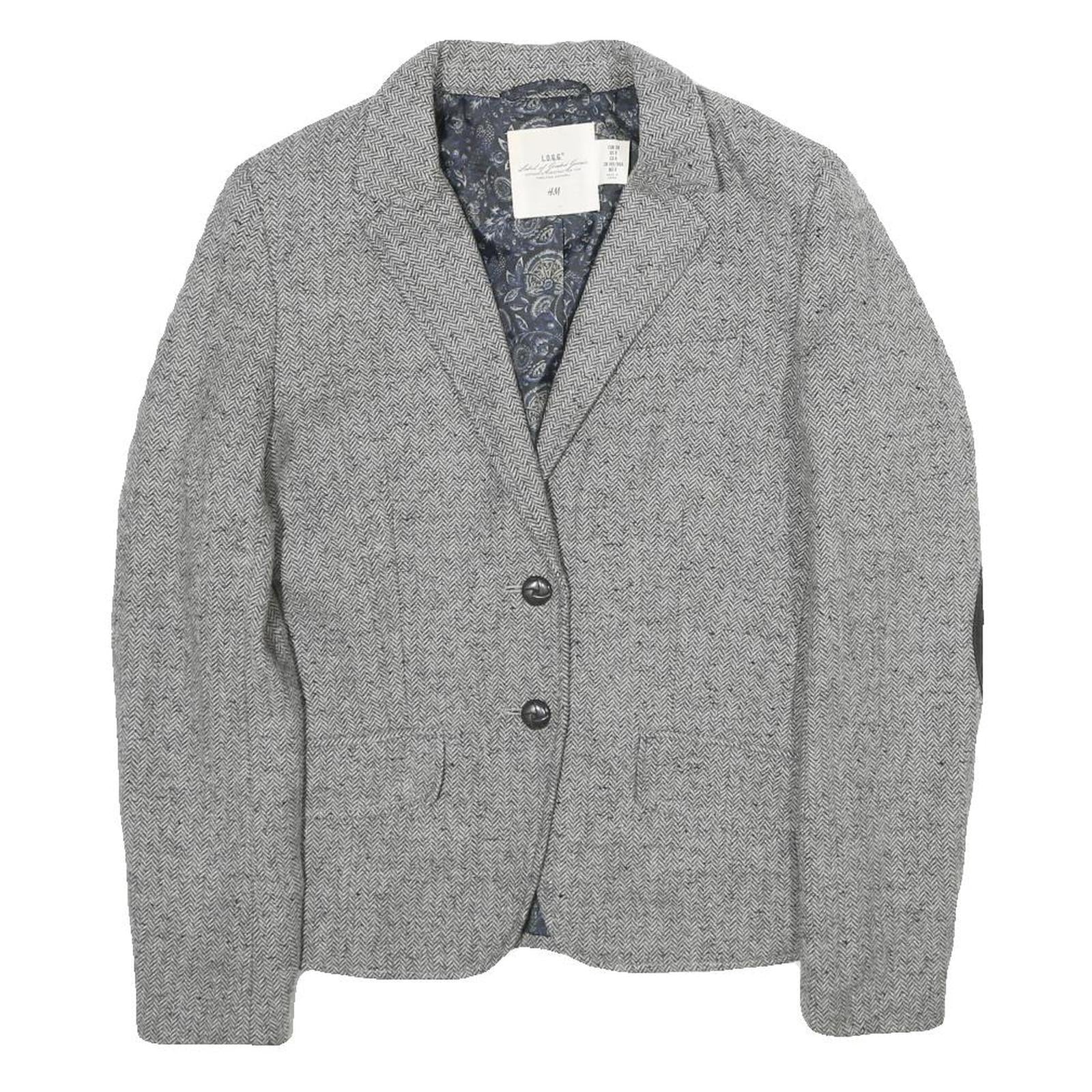 H&M Womens Grey Wool Blend Blazer Jacket UK 10 Button Herringbone Pattern