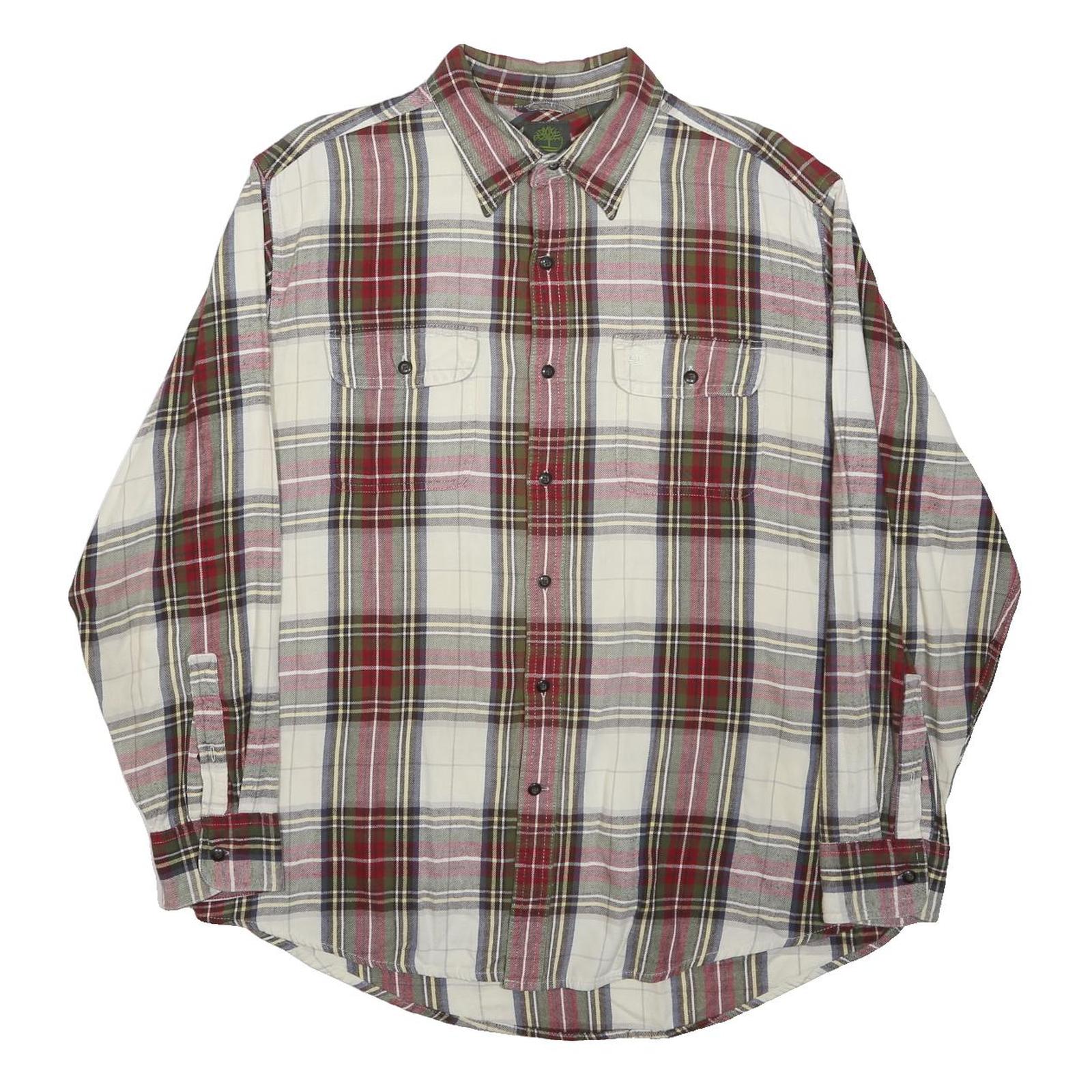 TIMBERLAND Mens White & Red Plaid Cotton Shirt L Button Front Long Sleeve