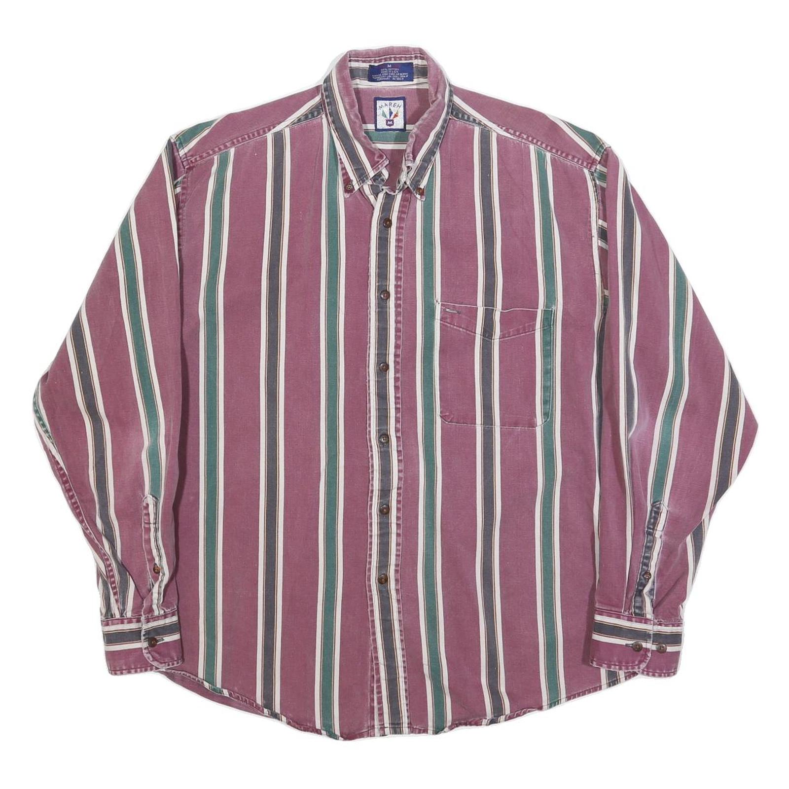 MAREH Mens Purple & Green Striped Shirt M Cotton Blend Casual Button-Down Long