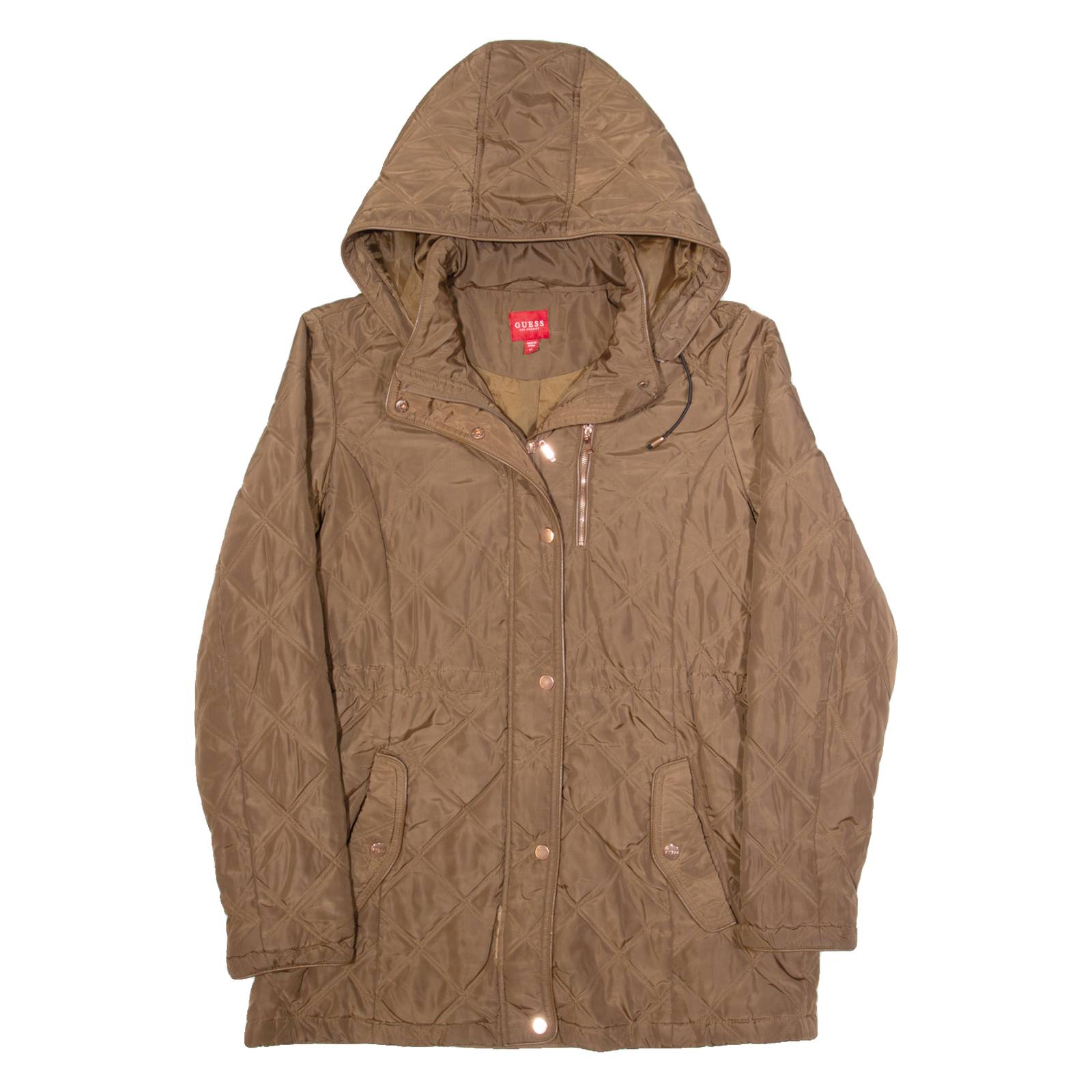 GUESS Womens Quilted Coat Brown Hooded XL