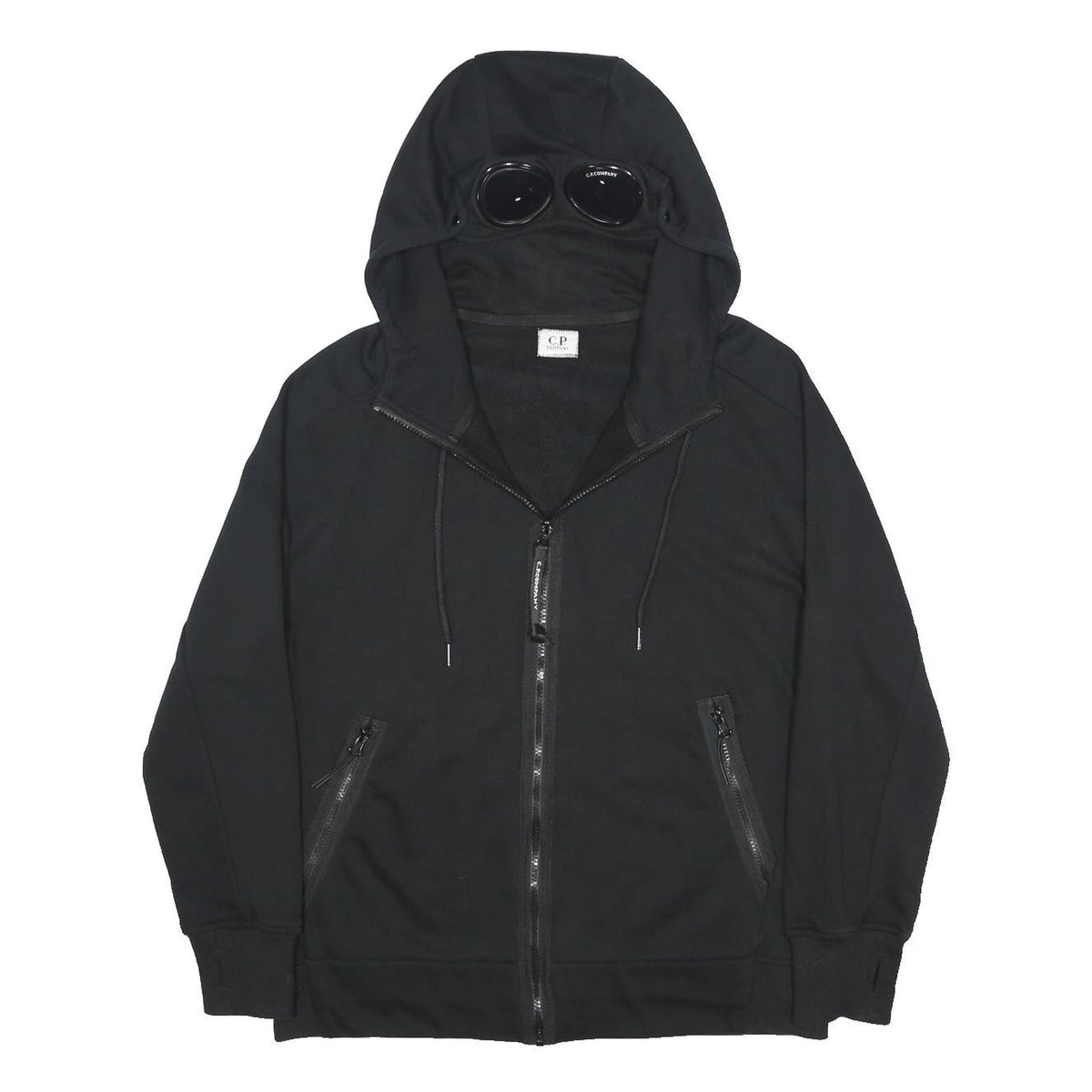 C.P. COMPANY Mens Black Pullover Hoodie L Cotton Zip Pocketed Goggle Hood
