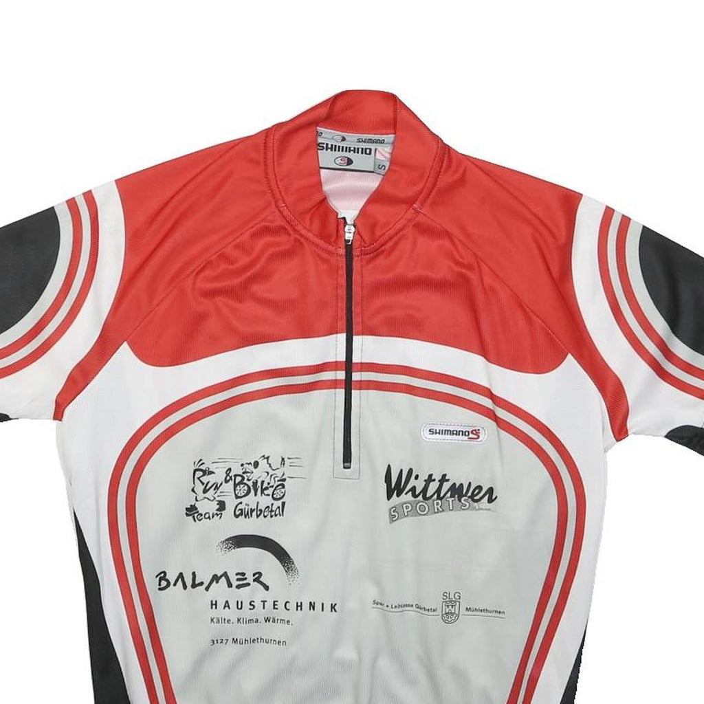 SHIMANO Mens Red & White Cycling Jersey S Short Sleeve Zip Neck Sports T-Shirt