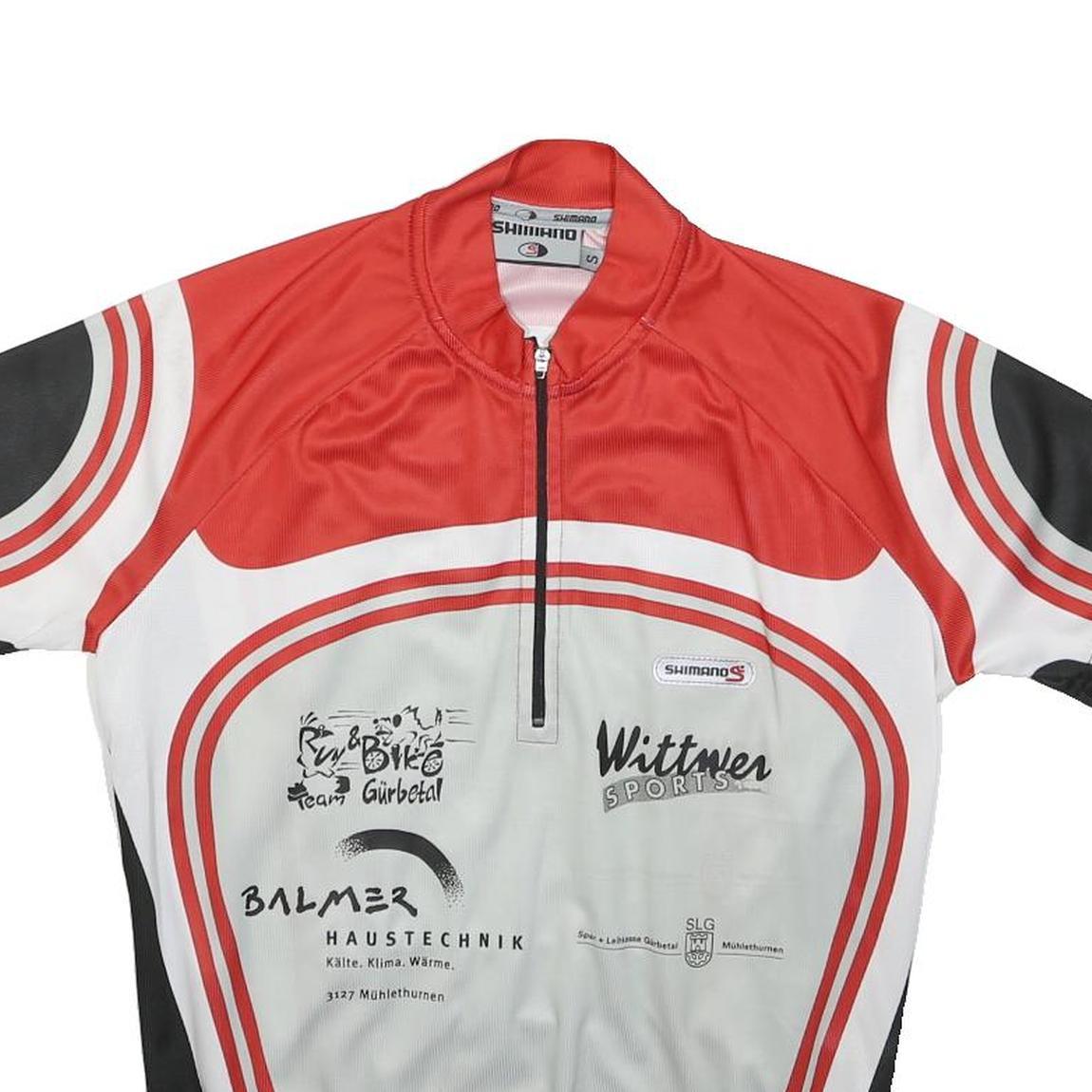 SHIMANO Mens Red & White Cycling Jersey S Short Sleeve Zip Neck Sports T-Shirt