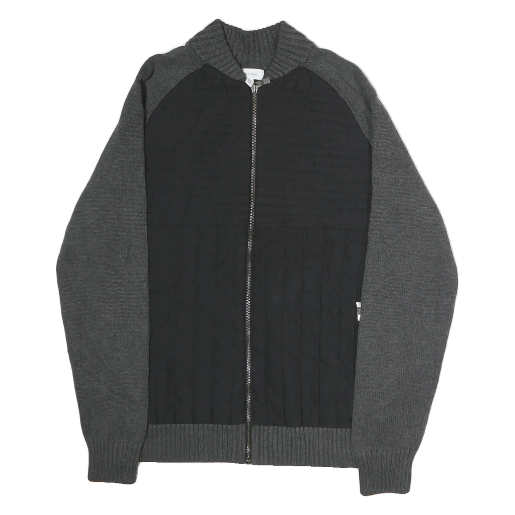 CALVIN KLEIN Mens Black & Grey Patterned Cotton Jumper Full Zip L Quilted Casual