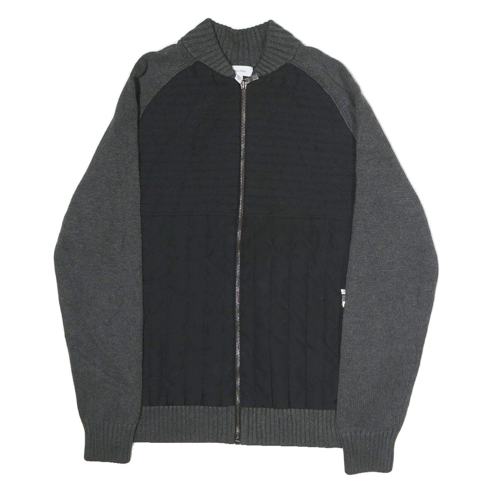 CALVIN KLEIN Mens Black & Grey Patterned Cotton Jumper Full Zip L Quilted Casual