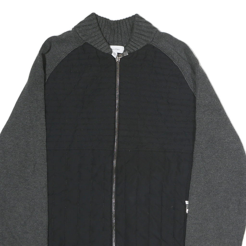 CALVIN KLEIN Mens Black & Grey Patterned Cotton Jumper Full Zip L Quilted Casual