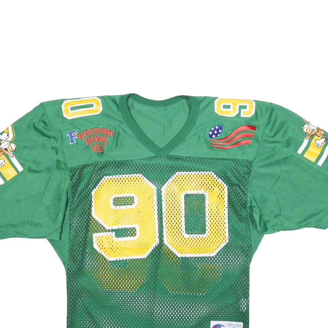 CHAMPION Mens Green Yellow Freedom Bowl VII Football Jersey S Short Sleeve V